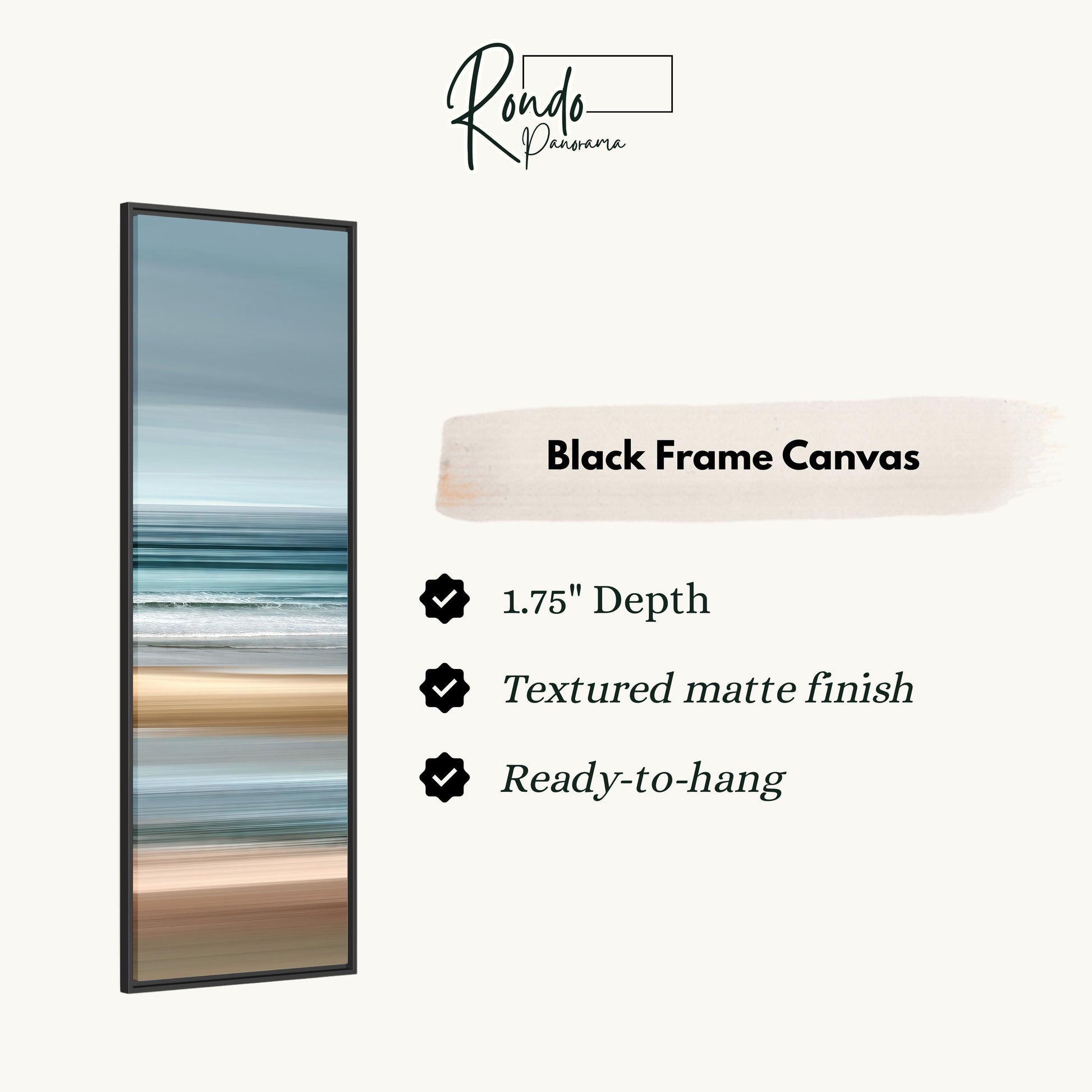 The image is a product description for a black frame canvas. It features a vertical image of a beach scene with a textured finish and a depth of 1.75 inches. The product is ready to hang and has a textured matte finish.