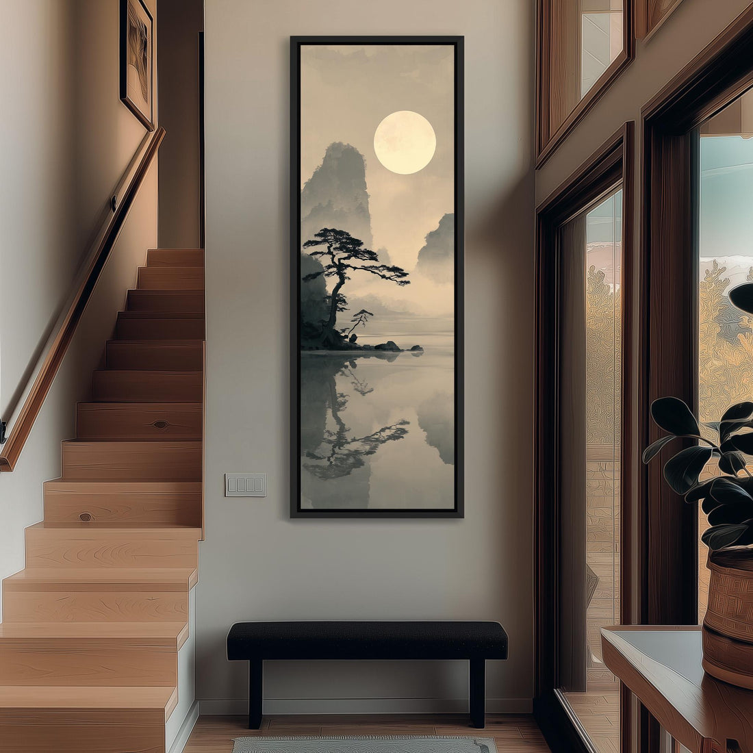 a serene landscape with a large tree reflected in a calm body of water, creating a peaceful and tranquil atmosphere.