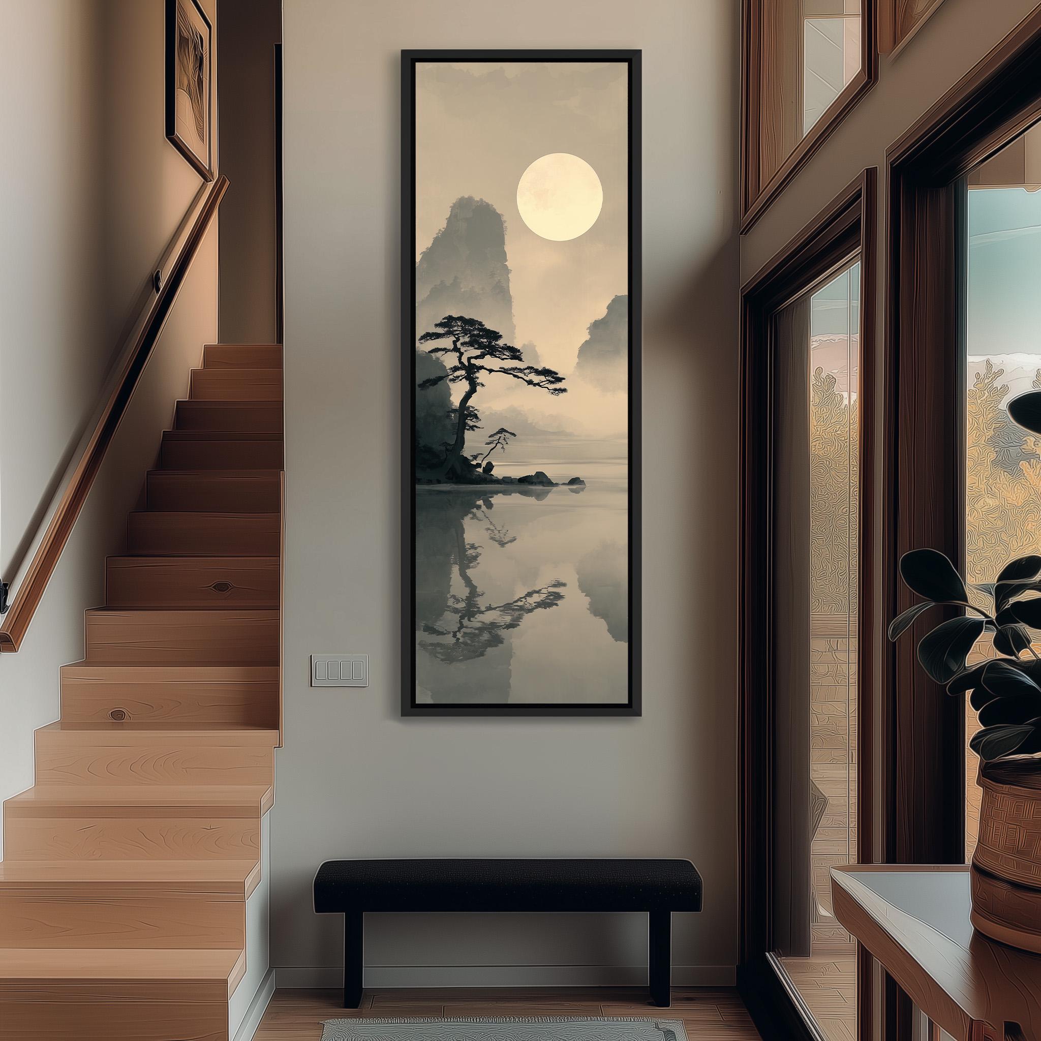 a serene indoor setting with a large painting of a landscape hanging on the wall, depicting a tranquil scene with a tree and a body of water. The painting is framed in black and is positioned above a bench, which is located in the foreground of the image. The room also includes a staircase and a window, adding to the overall ambiance of the space.