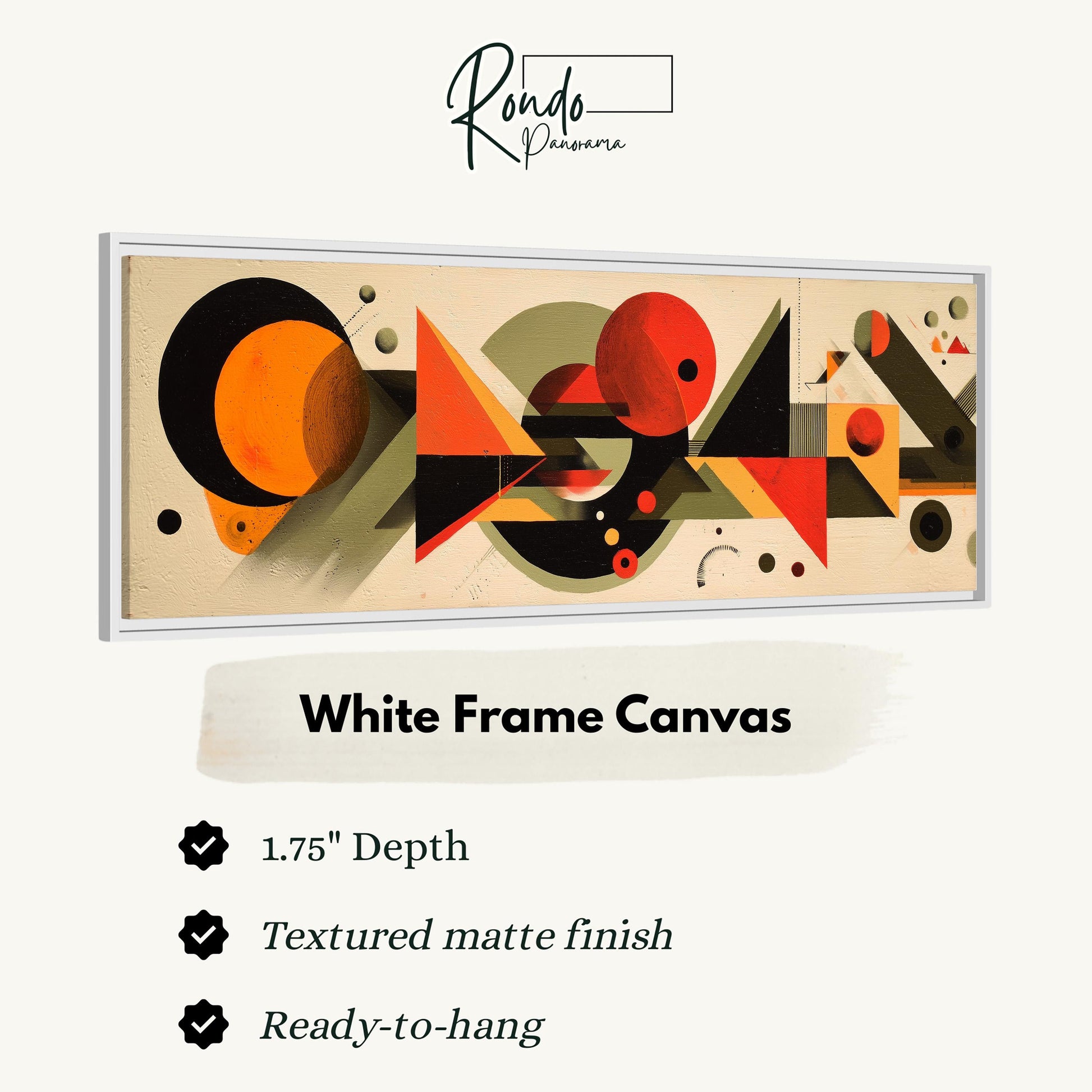 The image is a framed artwork featuring abstract geometric shapes and patterns in various colors, including orange, black, and red.