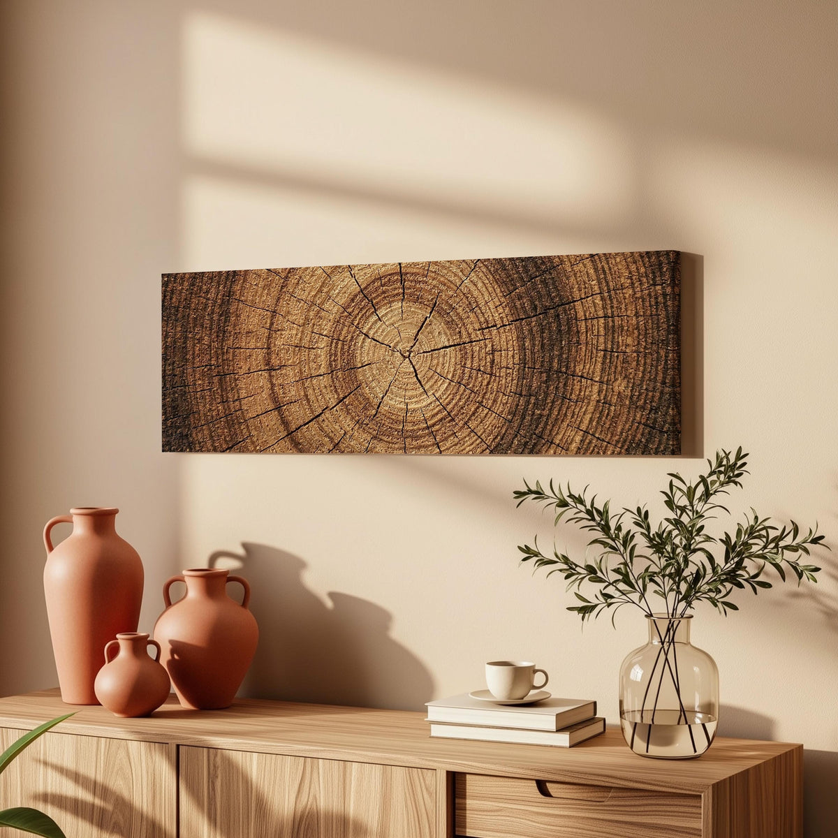 Warm oak wood ring long horizontal canvas print above a wooden sideboard