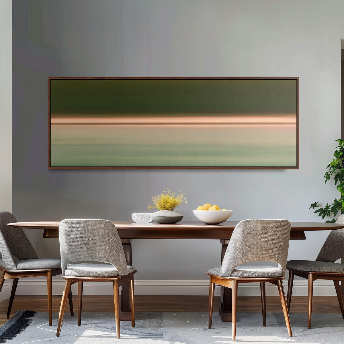 Minimalist dusk horizon gradient long horizontal canvas print above a dining table