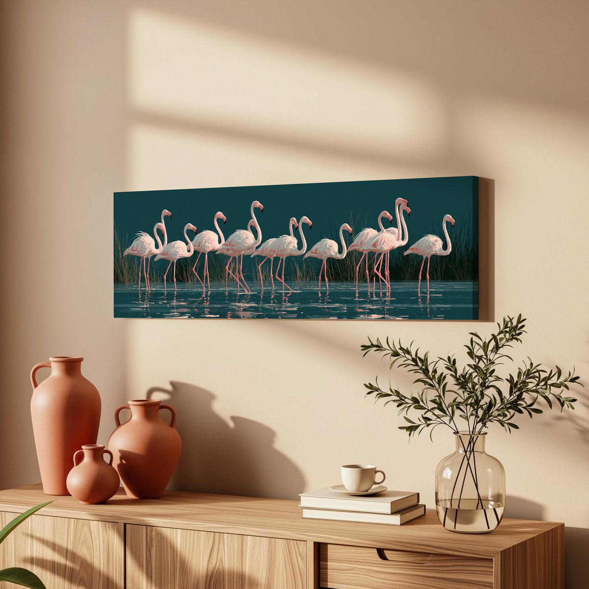Blush pink flamingos on dark teal water long horizontal canvas print above a wooden sideboard