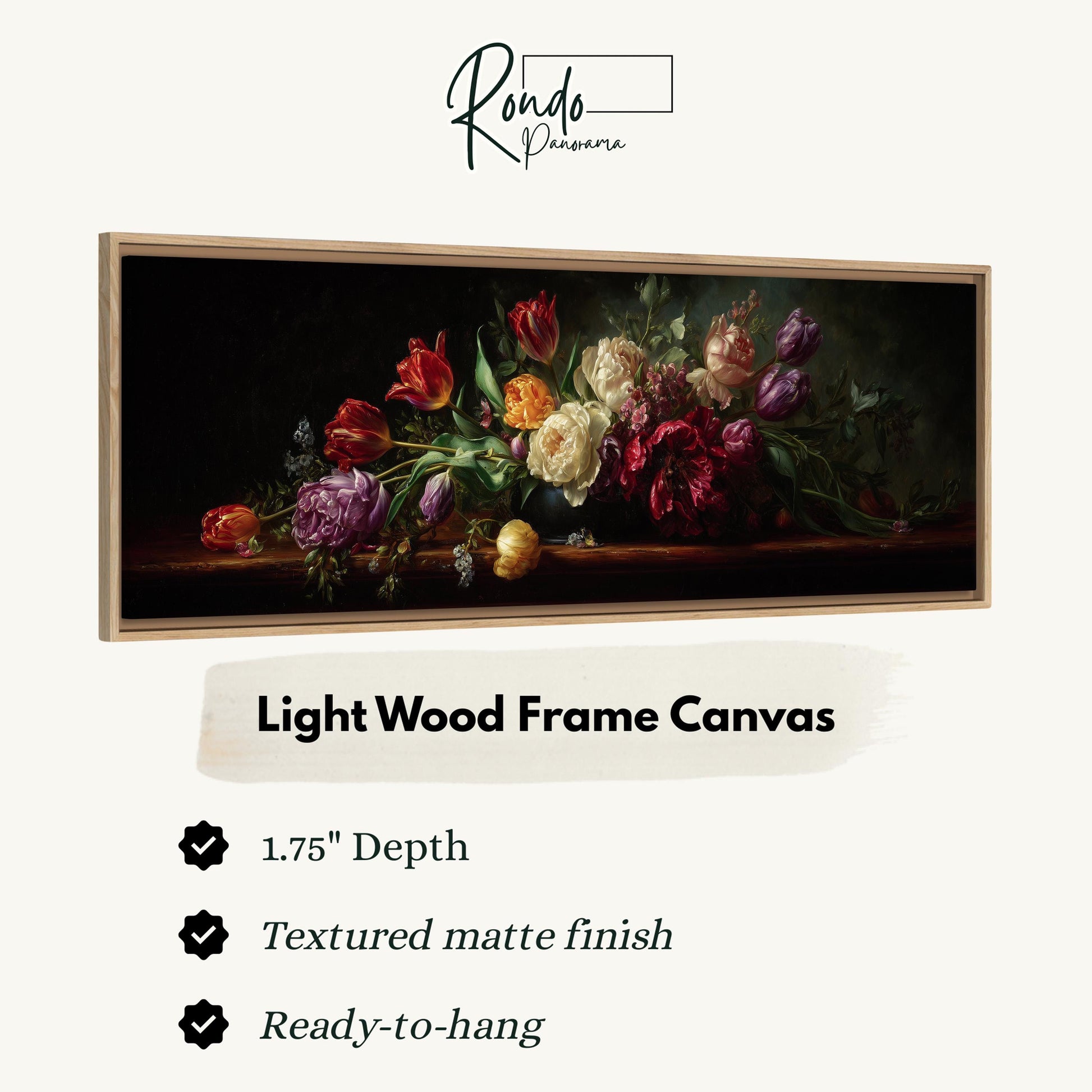 The image is a framed artwork depicting a bouquet of colorful flowers, including red, pink, yellow, and purple blooms, arranged on a wooden surface.
