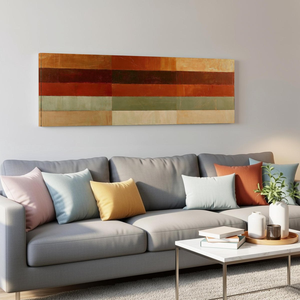 Amber, rust and sage horizontal color bands panoramic canvas print above a grey sofa in a living room