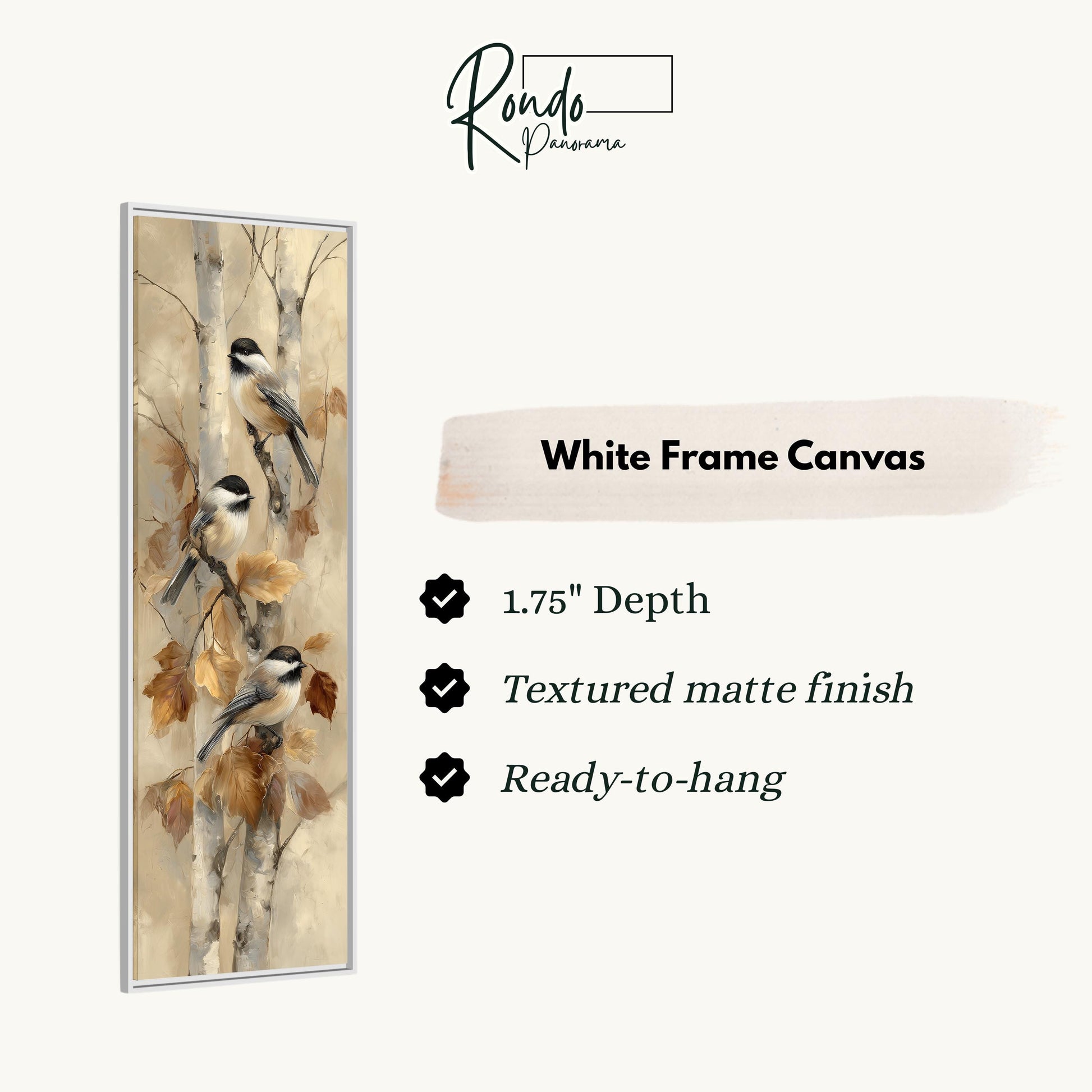 The image is a white frame canvas featuring a painting of three chickadees perched on tree branches with autumn leaves.
