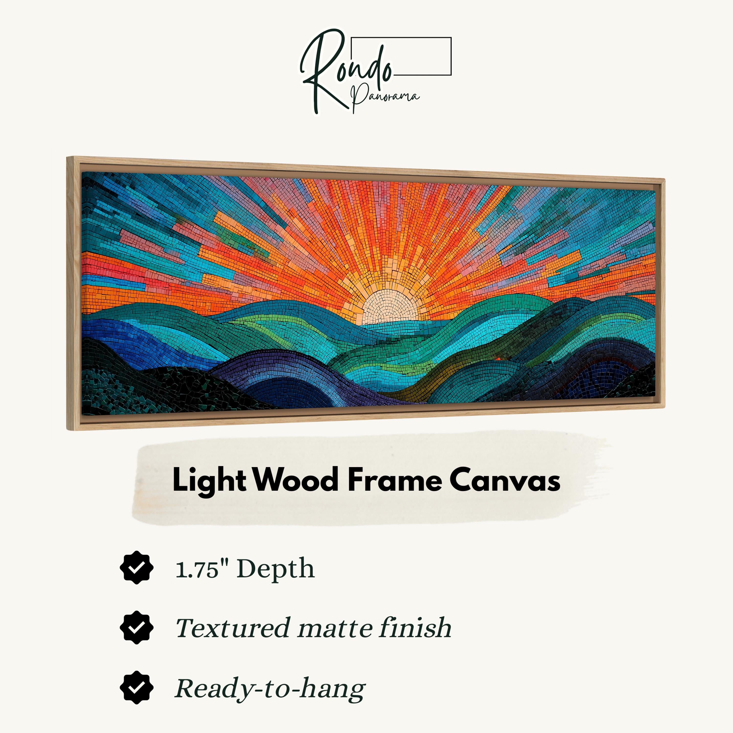 The image is a framed artwork depicting a vibrant sunrise over a landscape with mountains and waves.