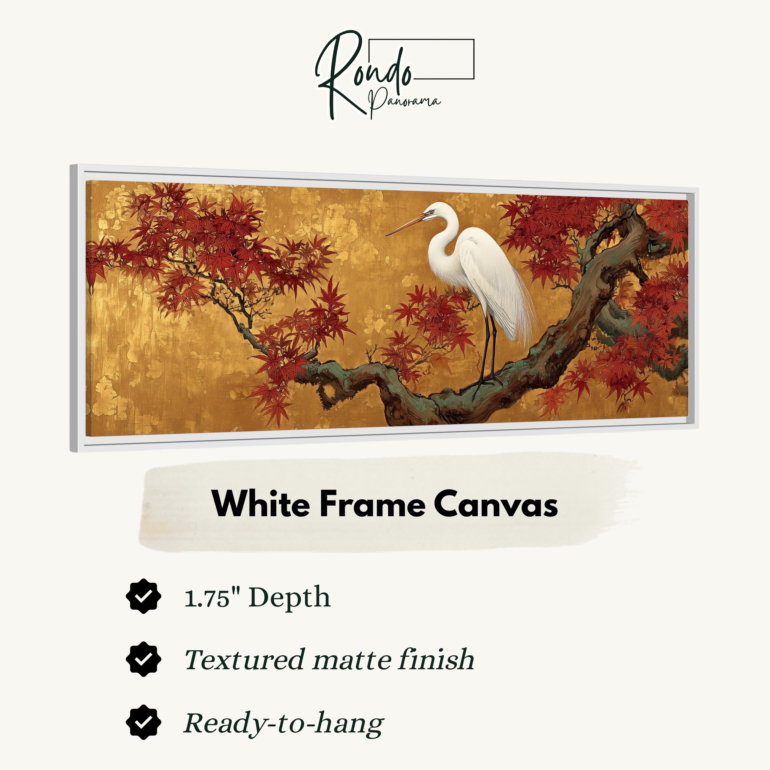 The image is a framed artwork depicting a white crane standing on a branch with red leaves, set against a golden background.
