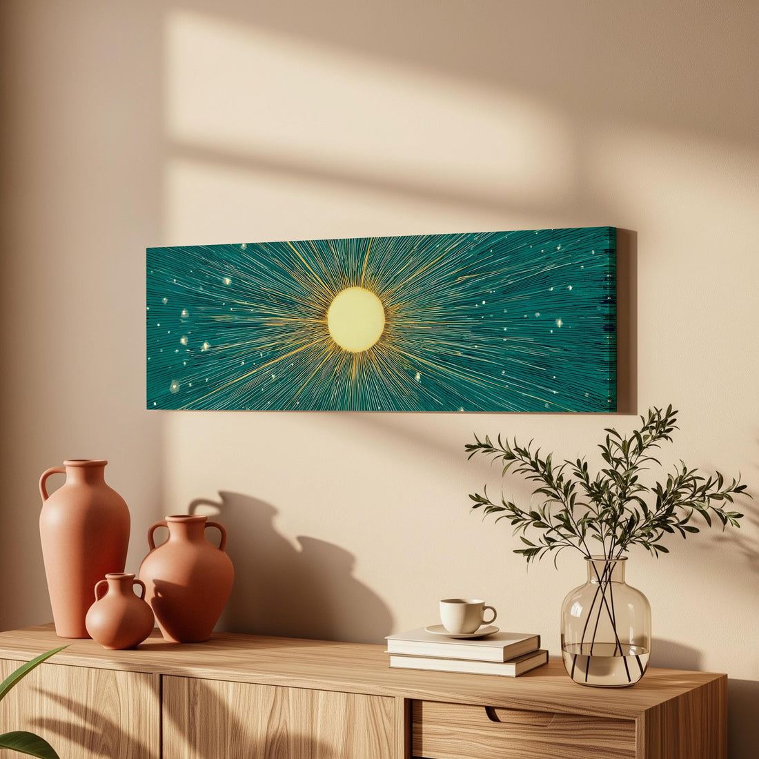 a wooden cabinet with a vase of greenery, a coffee cup, and a stack of books on top. Above the cabinet, there is a framed artwork depicting a sun with rays radiating from it, creating a warm and inviting atmosphere in the room.