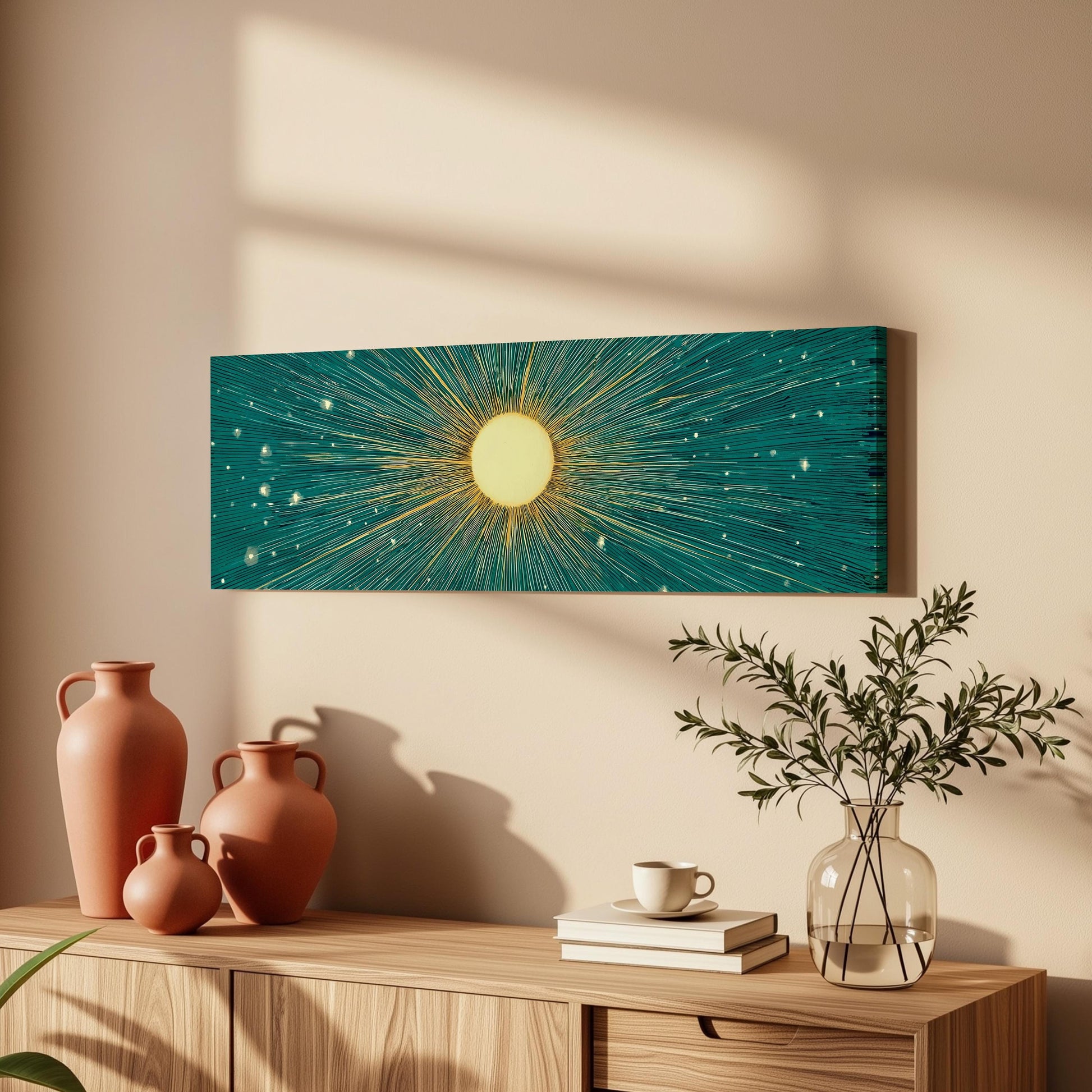 a wooden cabinet with a vase of greenery, a coffee cup, and a stack of books on top. Above the cabinet, there is a framed artwork depicting a sun with rays radiating from it, creating a warm and inviting atmosphere in the room.