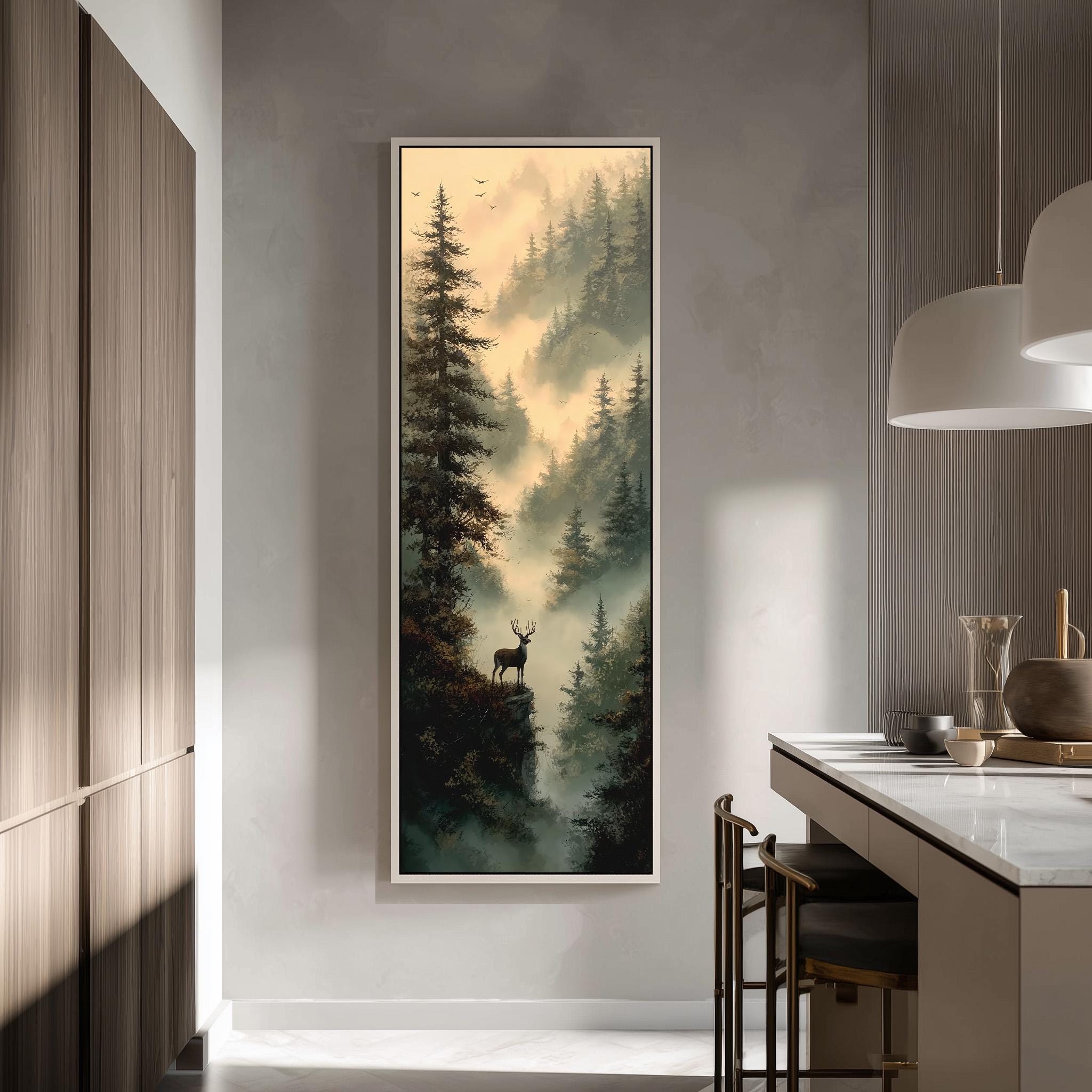 a large painting of a forest scene with a deer standing on a cliff overlooking the misty valley below.