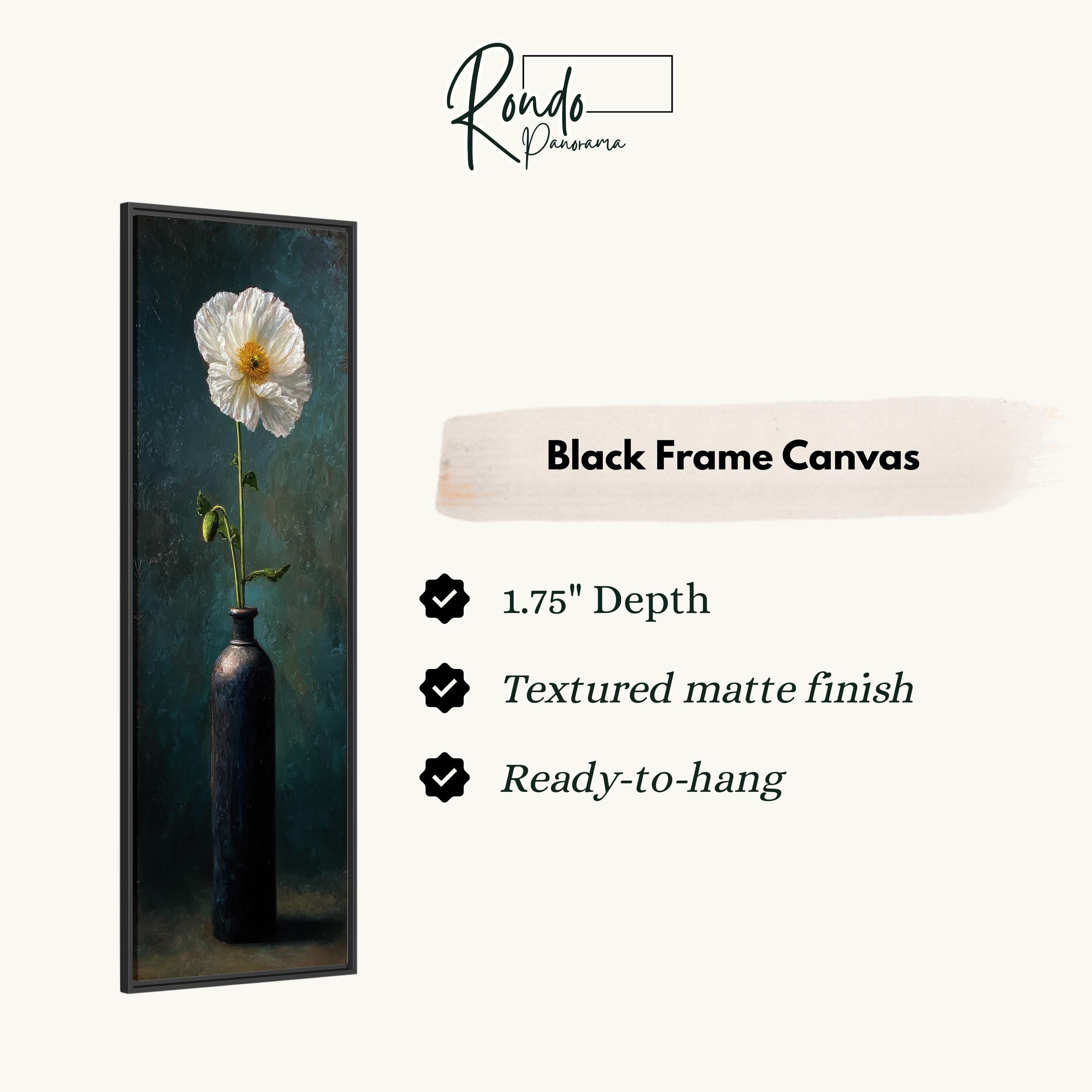 The image is a black frame canvas depicting a white flower in a black vase.