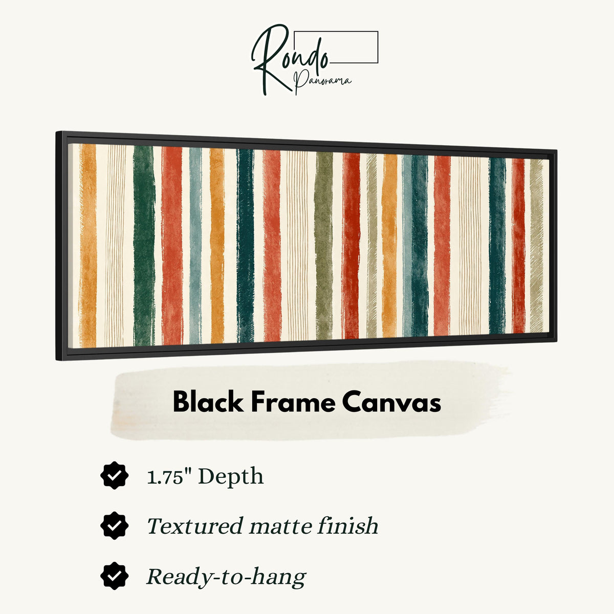 Boho watercolor stripes in mustard, teal and rust canvas print in a black floating frame