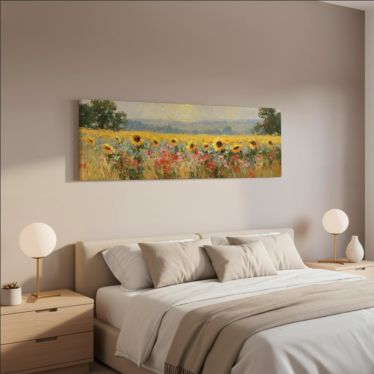 Sunflower and poppy meadow wide panoramic canvas print above a bed in a neutral bedroom