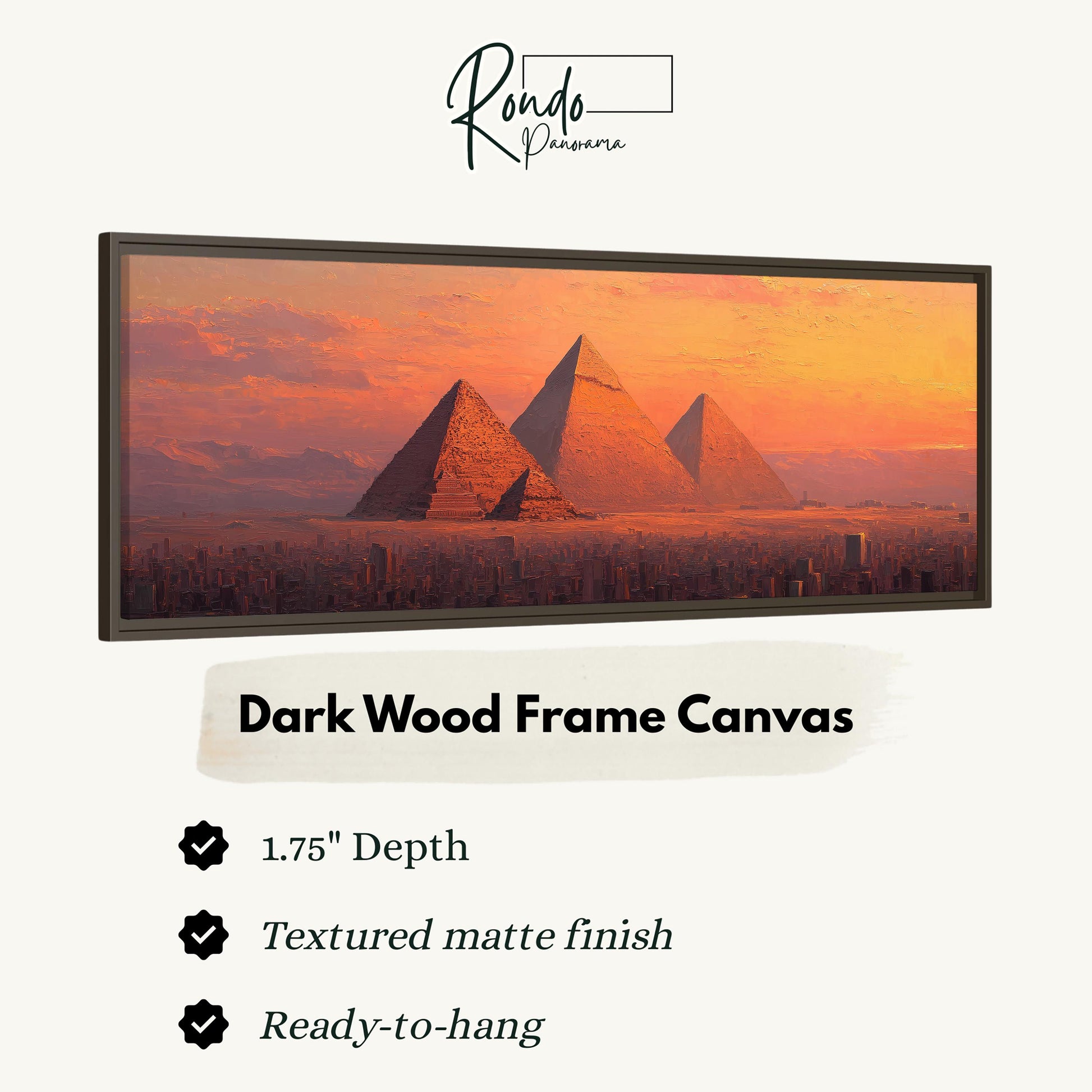 a large, dark wood frame canvas depicting the iconic pyramids of Giza against a sunset sky.