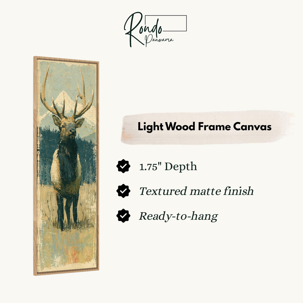 Rustic elk standing in an alpine meadow canvas print in a light wood floating frame