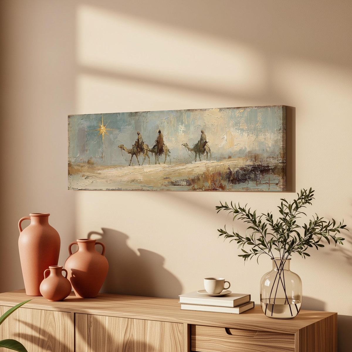 Wise men on camels following the star long horizontal canvas print above a wooden sideboard