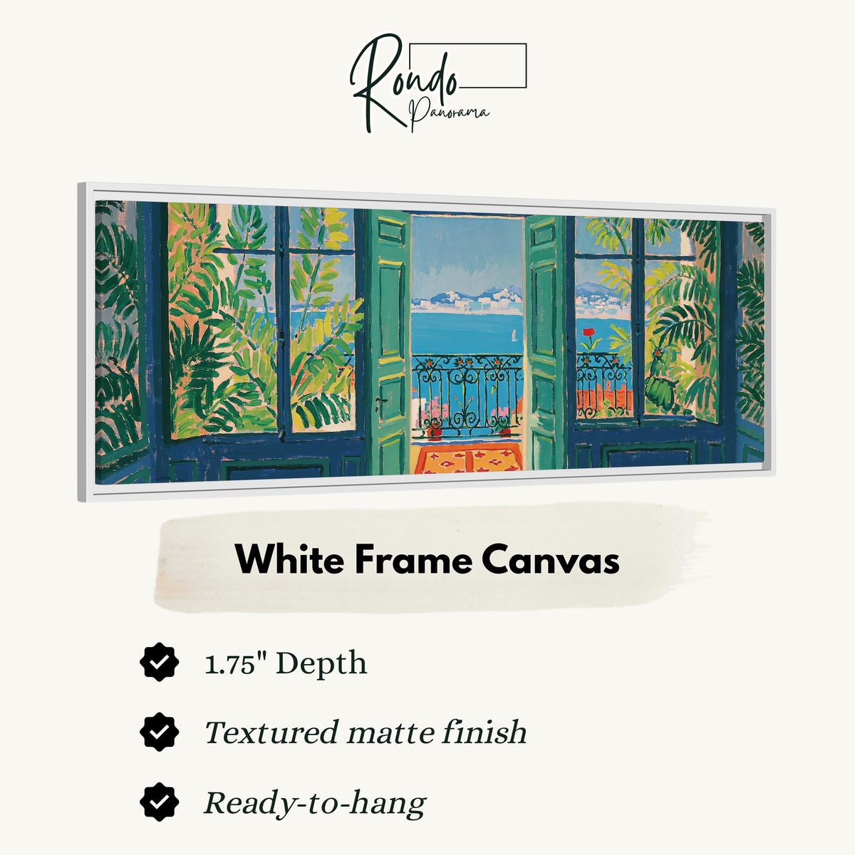 Riviera balcony view through open windows canvas print in a white floating frame