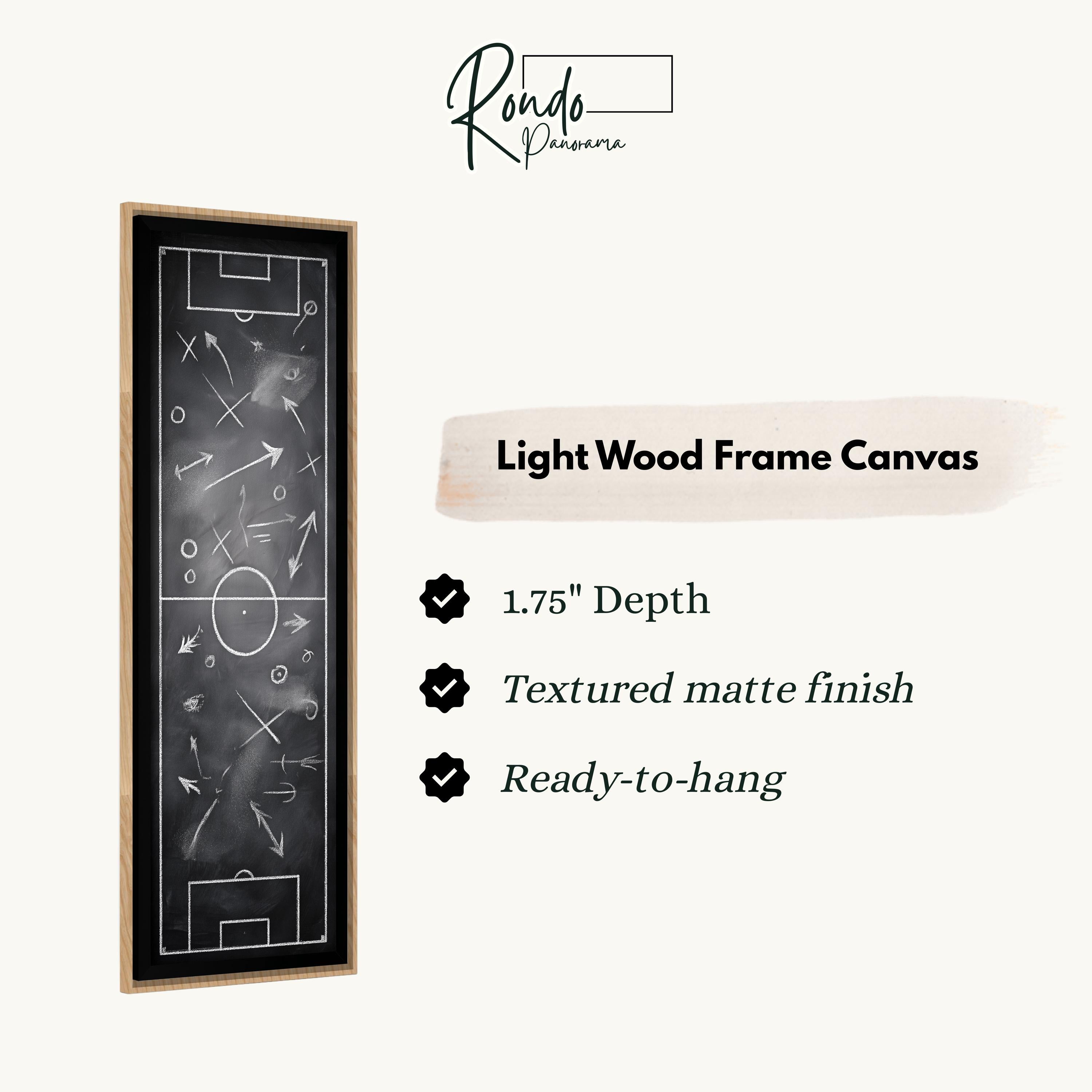 a light wood frame canvas with a black and white abstract design, including various shapes and lines.