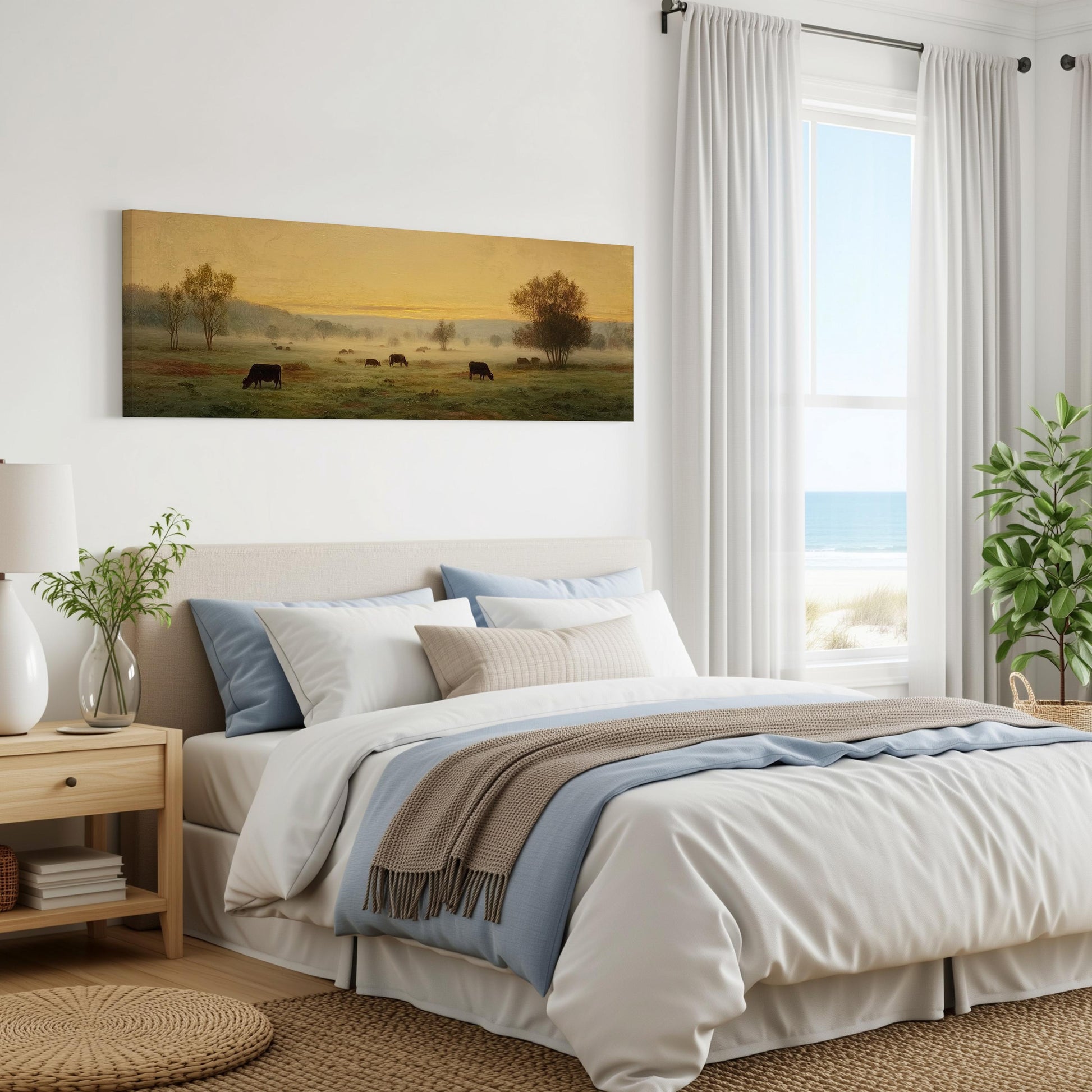 a serene bedroom scene with a large bed, a painting of a pastoral landscape, and a window overlooking the ocean.