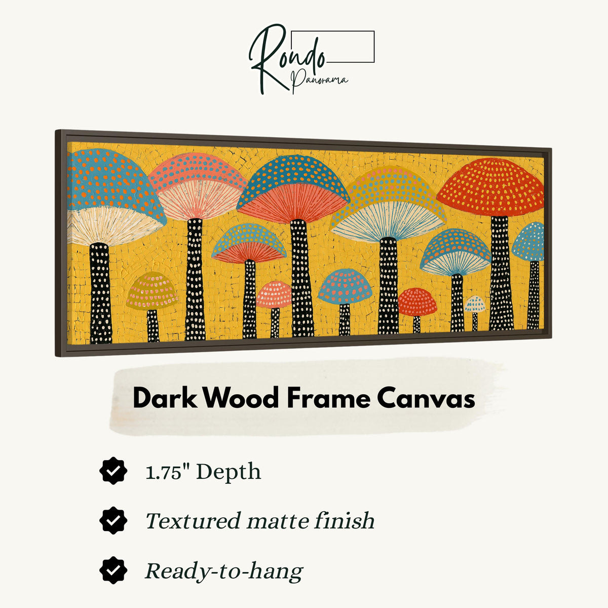 Golden mushroom parade canvas print in a dark wood floating frame