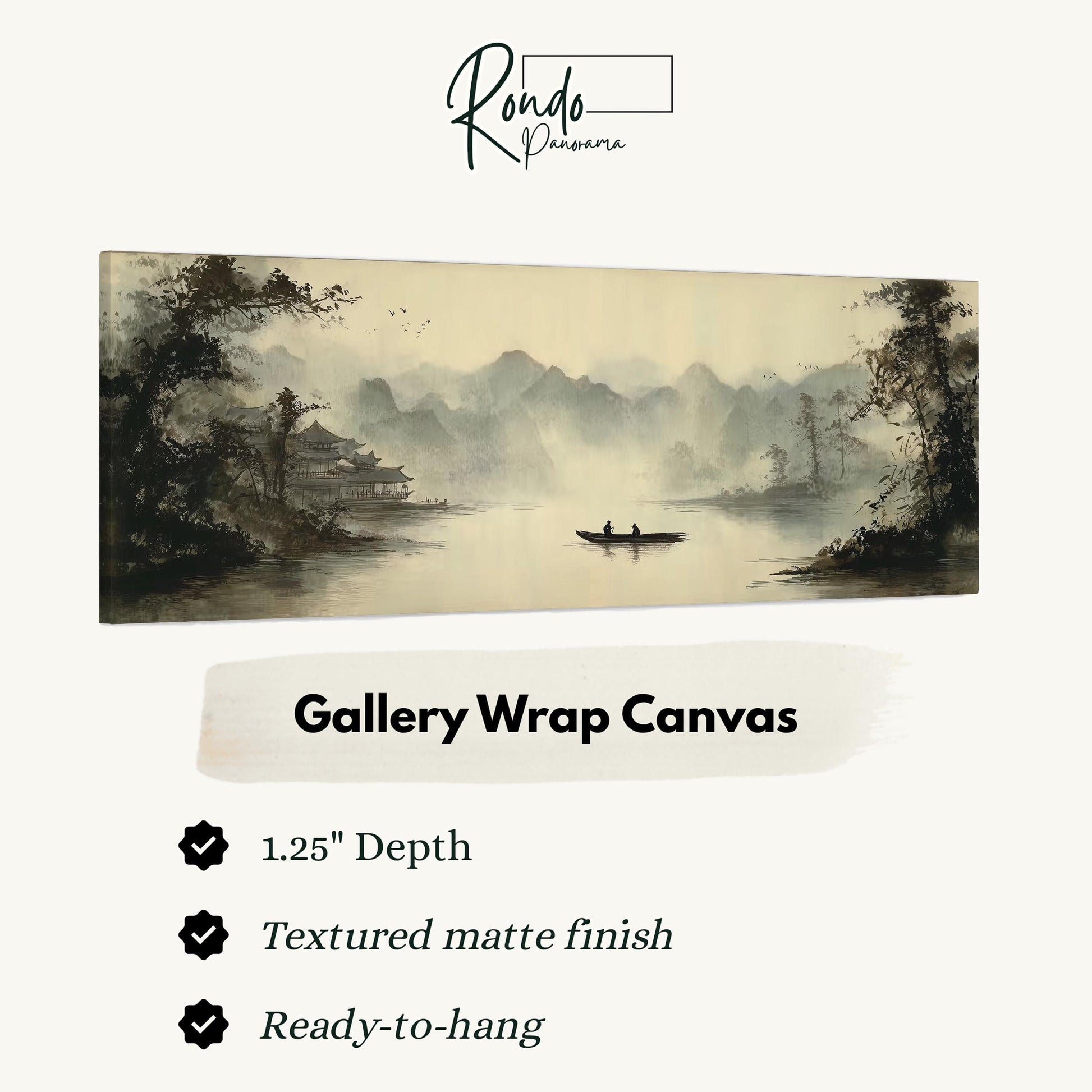 The image is a painting of a serene landscape with a boat on a lake, surrounded by mountains and trees. The painting is titled "Gallery Wrap Canvas" and is described as a 1.25" depth, textured matte finish, and ready-to-hang.