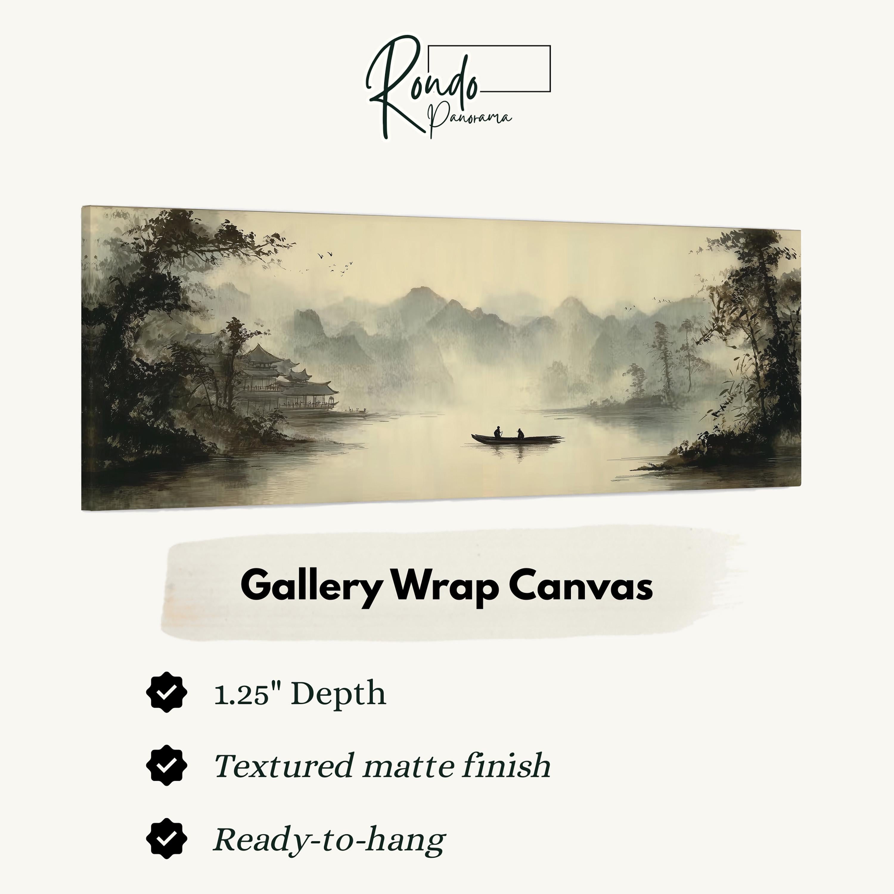 The image is a painting of a serene landscape with a boat on a lake, surrounded by mountains and trees. The painting is titled "Gallery Wrap Canvas" and is described as a 1.25" depth, textured matte finish, and ready-to-hang.