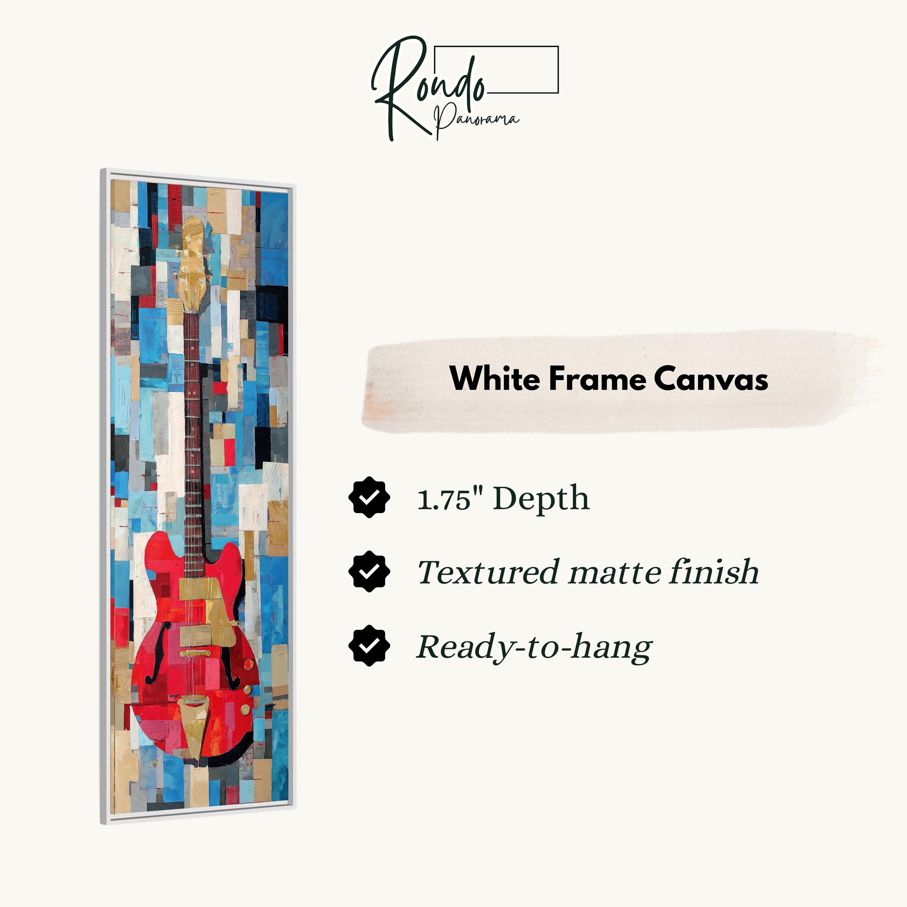The image is a white frame canvas featuring a vibrant abstract painting of a red guitar. The canvas has a 1.75" depth, a textured matte finish, and is ready to hang.