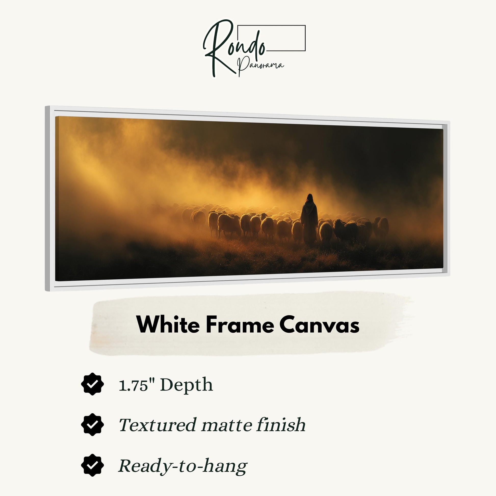 The image is a white frame canvas depicting a herd of sheep in a field with a hazy, golden glow.