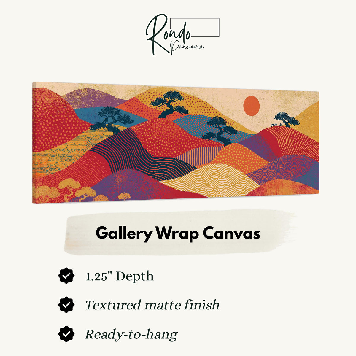 Bonsai trees on patterned hills with a red sun gallery wrap canvas with the image wrapped around the edges