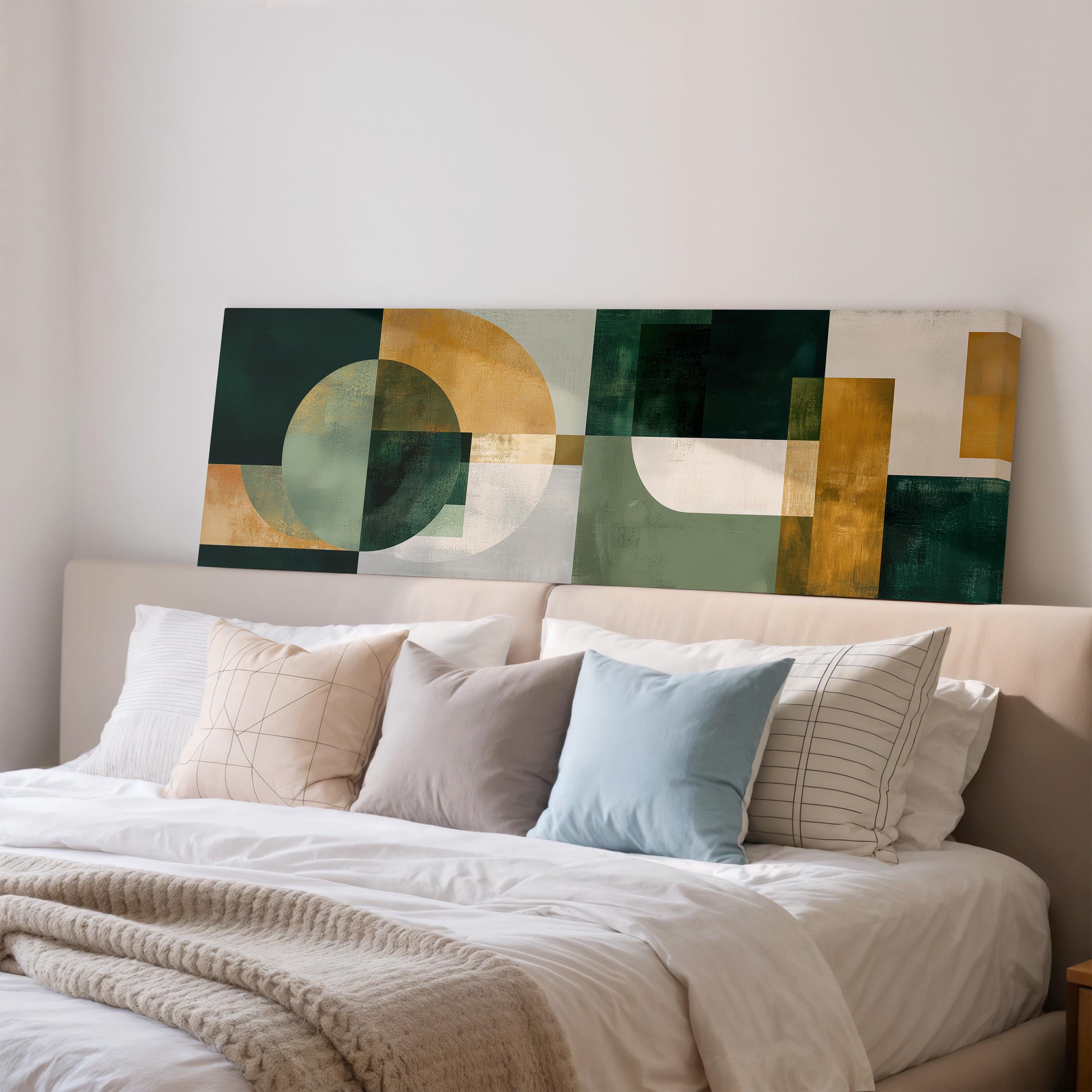 a modern bedroom with a large abstract painting on the wall above a bed with white bedding and various pillows.