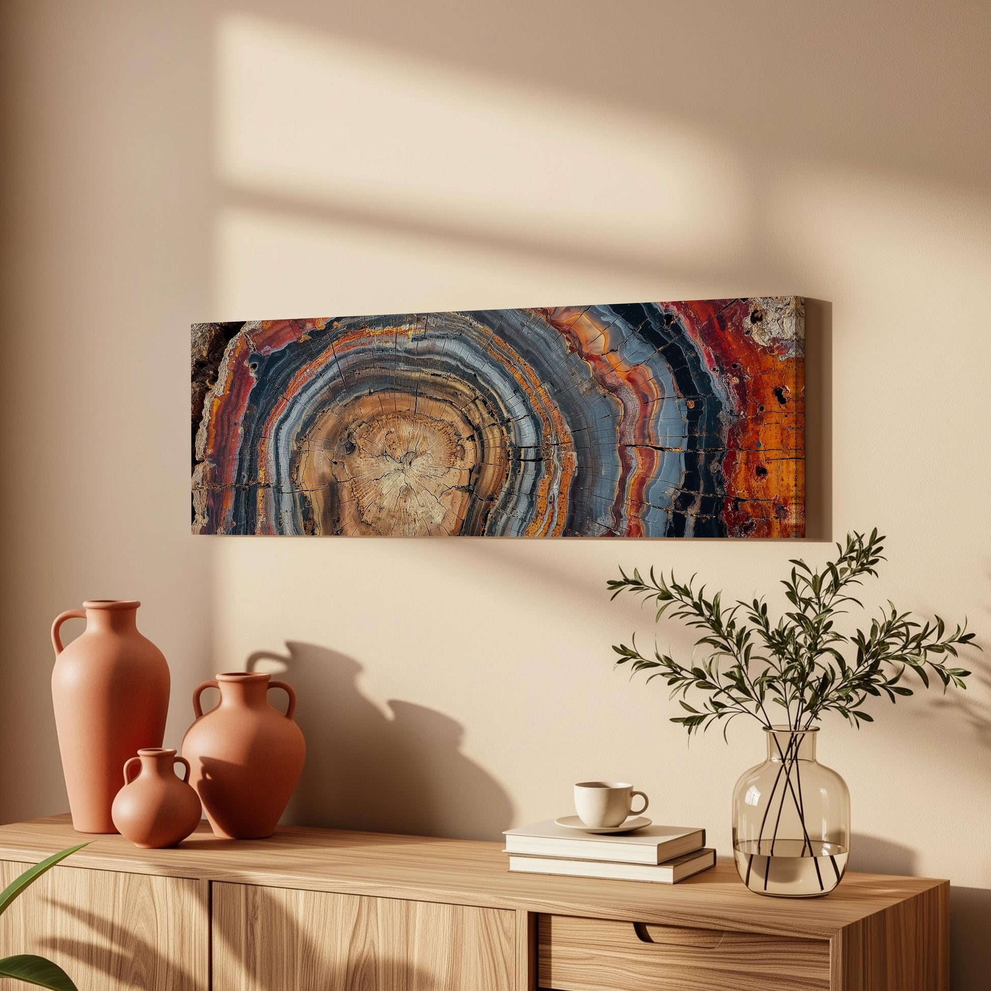 a wooden cabinet with a vase, a plant, and a stack of books on top. Above the cabinet, there is a large abstract painting hanging on the wall.