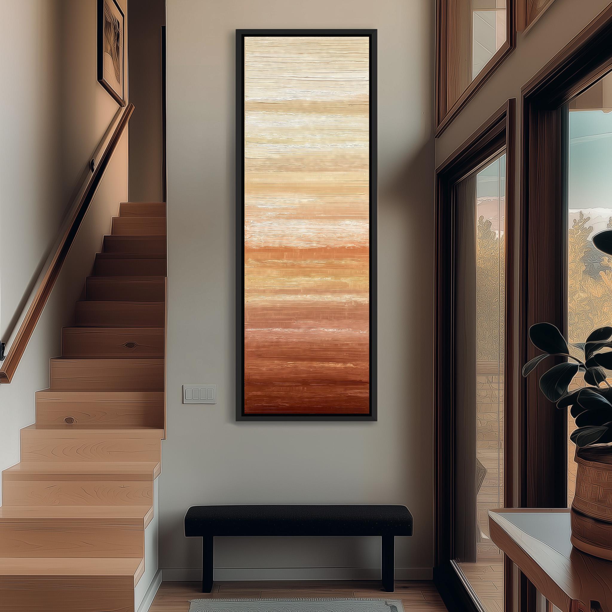a modern and minimalist interior design, featuring a large abstract painting hanging on the wall, a wooden staircase, a black bench, and a large window that provides a view of the outdoors.