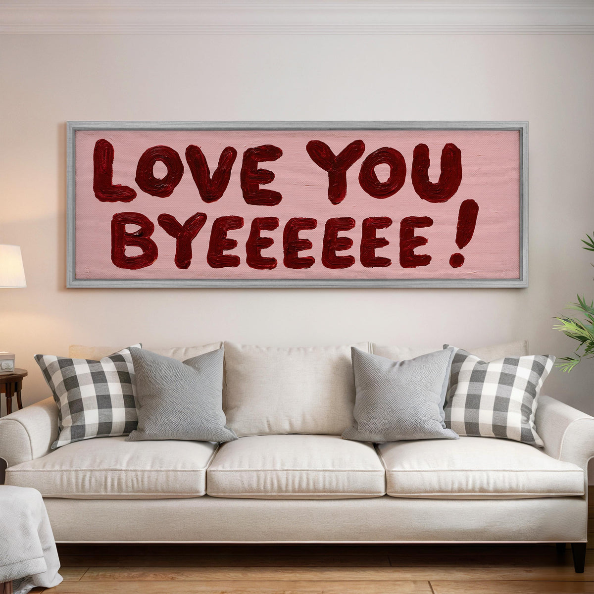 Love you byeeeee retro quote wide panoramic canvas print above a bed in a bedroom