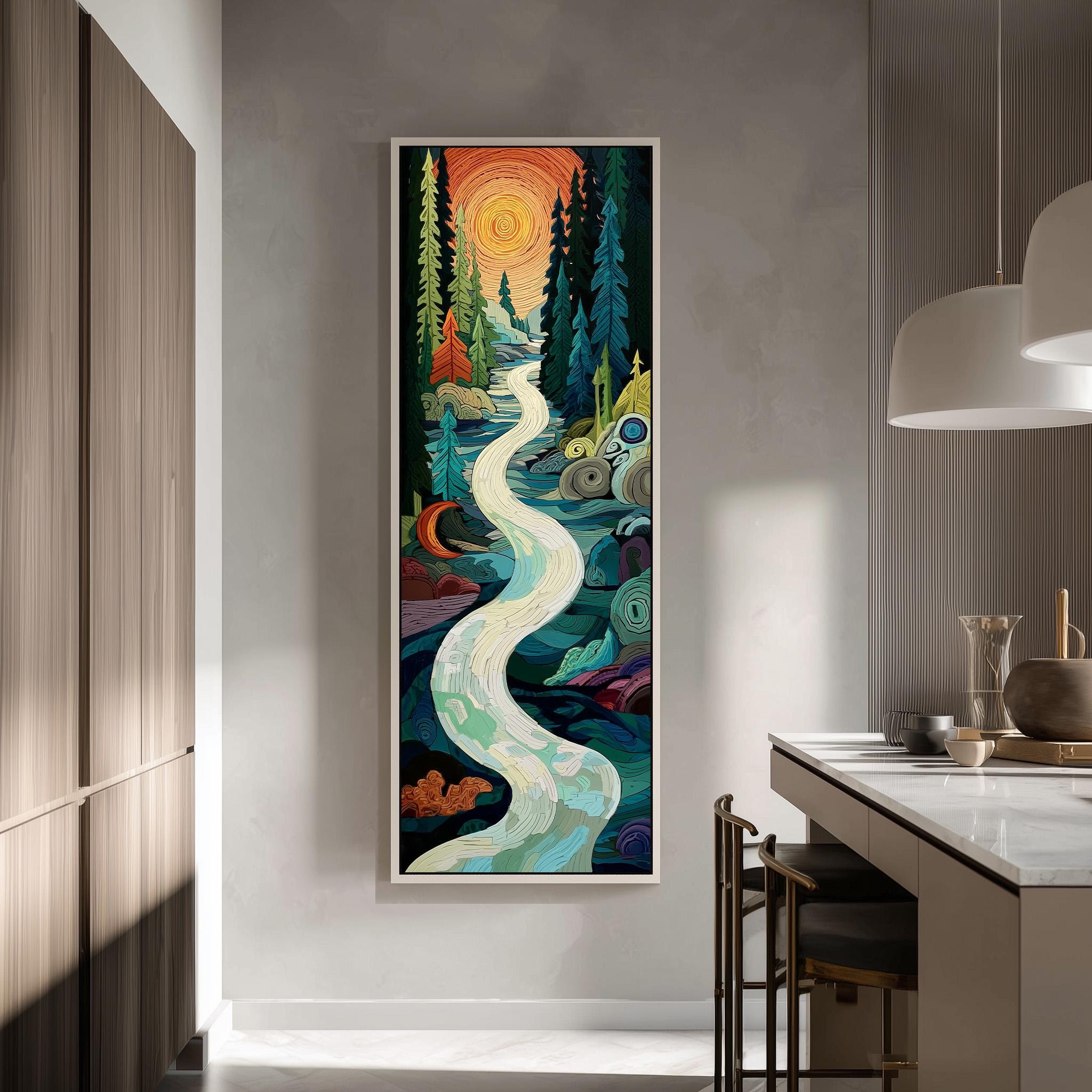 a large, colorful painting of a winding river surrounded by a forest landscape, hanging on a wall in a modern kitchen.
