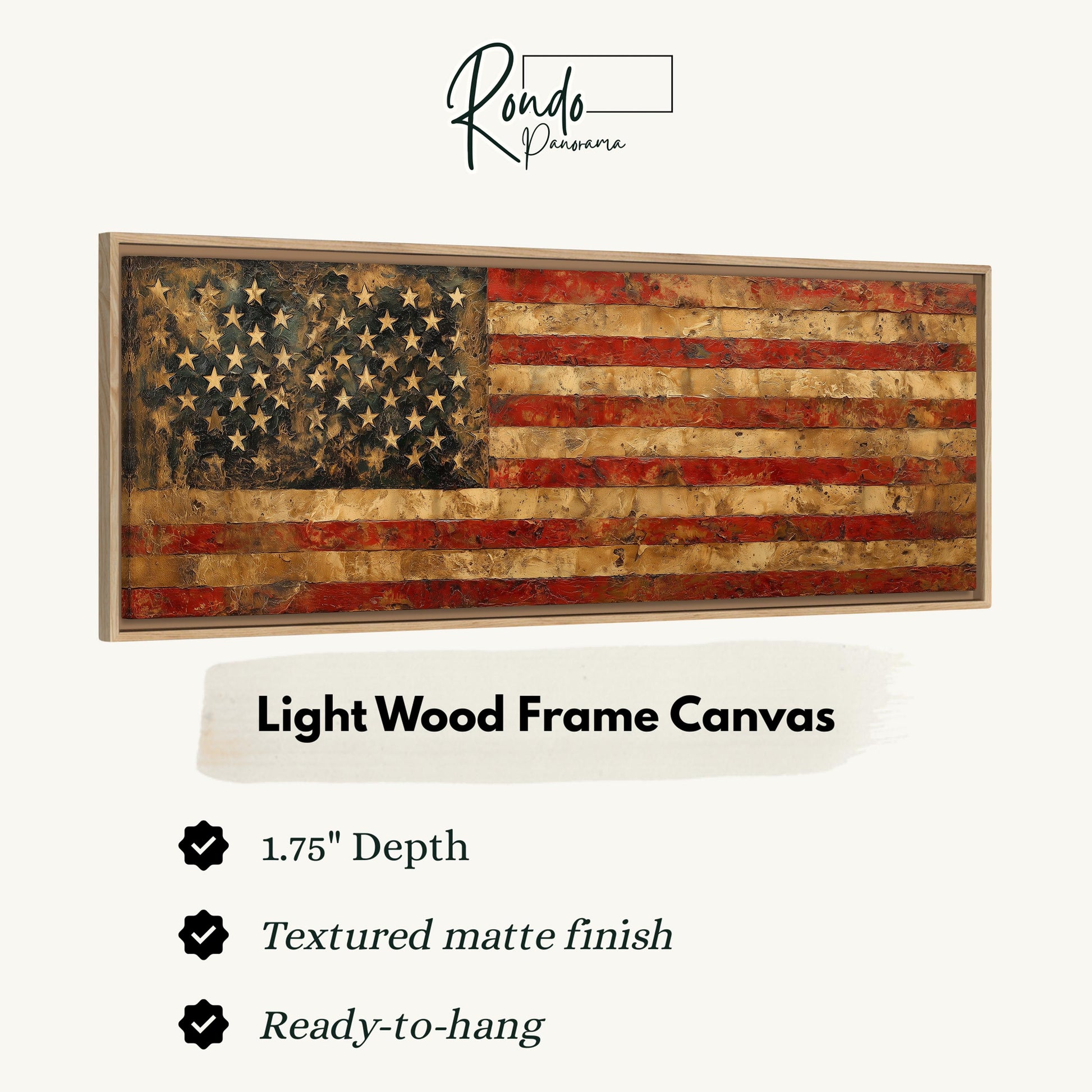 a large American flag painted on a light wood frame canvas.
