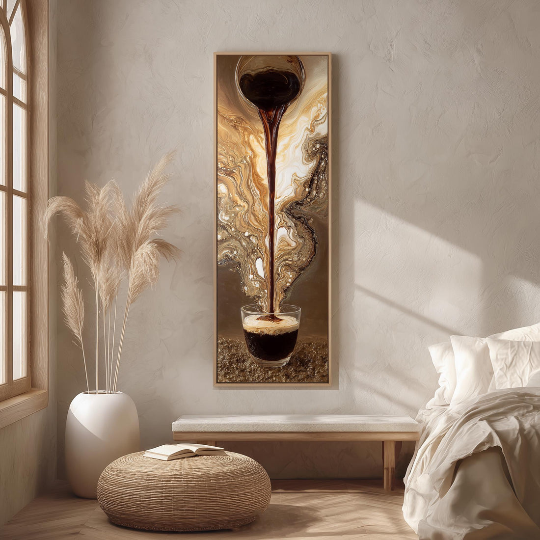 a large painting of a glass of coffee with a swirling pattern of liquid, hanging on a wall in a modern kitchen.