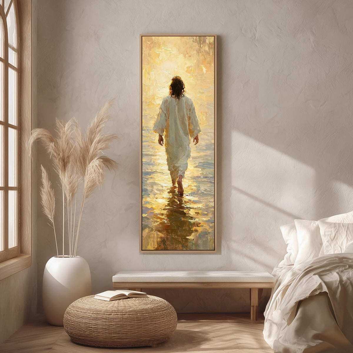 Jesus walking into golden light over water long vertical canvas print in a bright reading corner