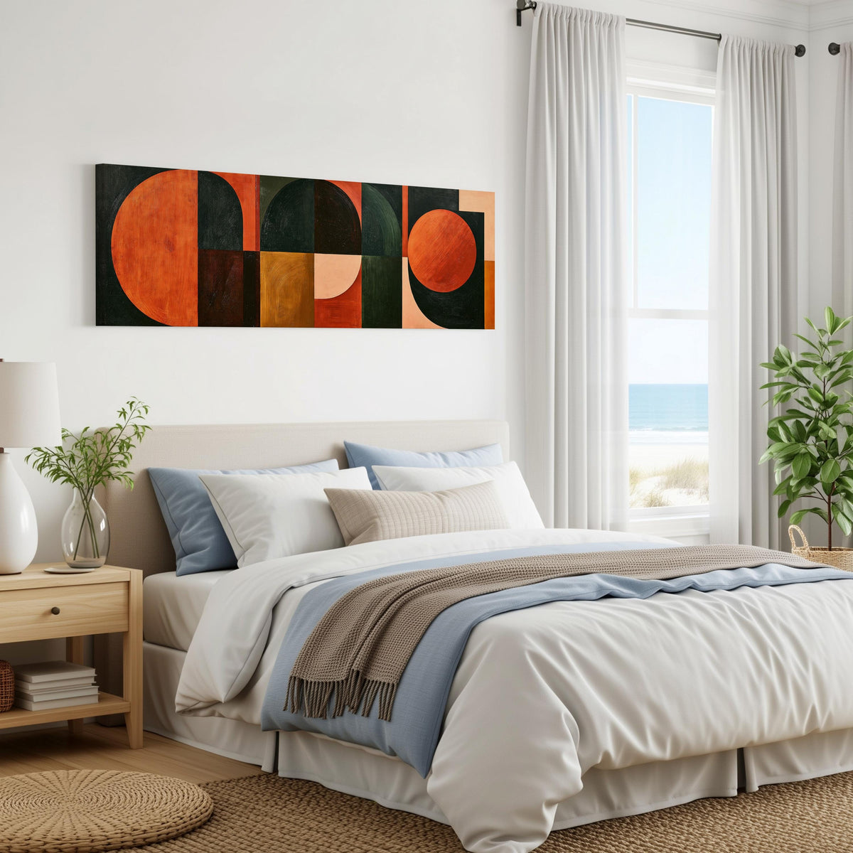 Orange circles and arches on forest green panoramic canvas print above a bed in a coastal bedroom