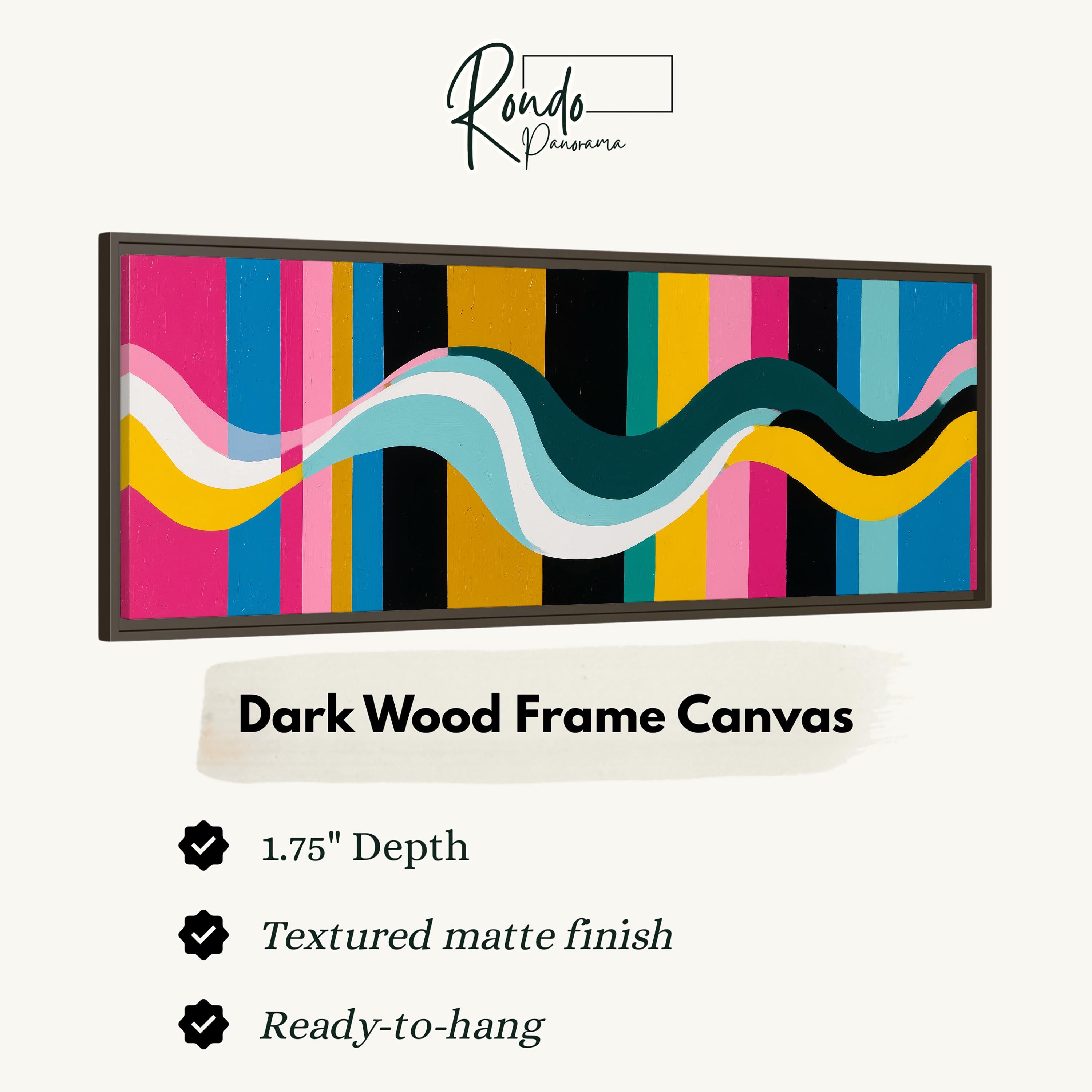 The image is a product advertisement for a dark wood frame canvas. It features a colorful abstract artwork with a wave-like pattern and a textured matte finish. The frame is described as having a 1.75" depth, a textured matte finish, and is ready to hang.
