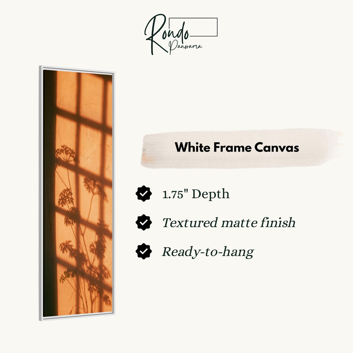 Window grid and plant shadow on a terracotta wall canvas print in a white floating frame