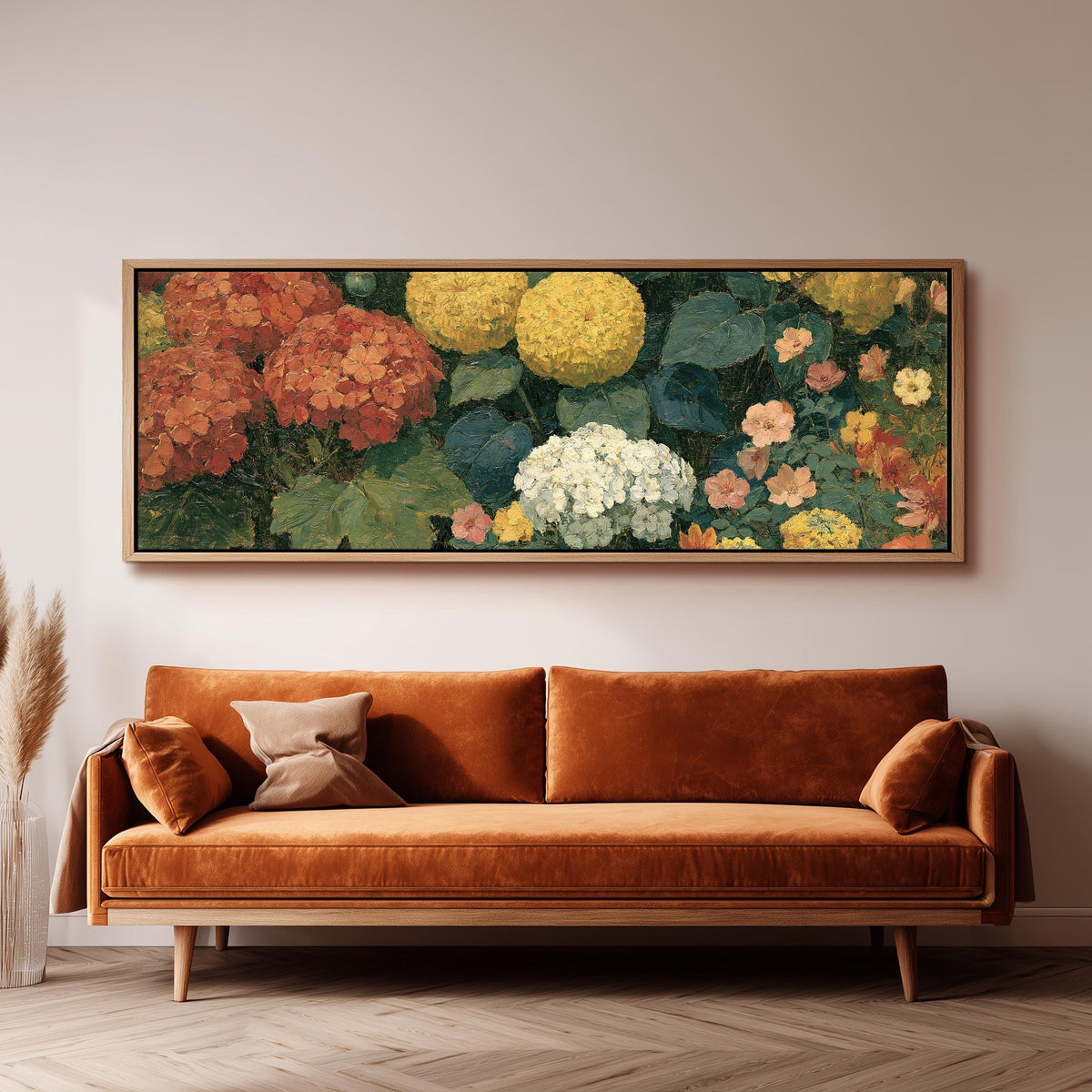 Warm hydrangea and dahlia bouquet panoramic canvas print above a sofa in a living room