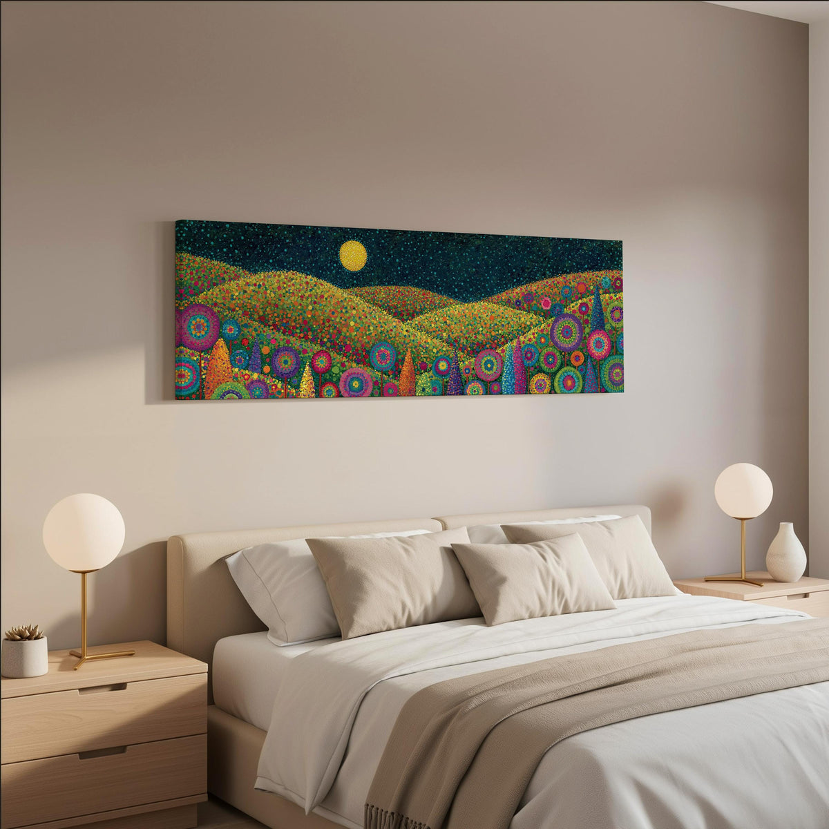 Moonlit flower hills wide panoramic canvas print above a bed in a neutral bedroom