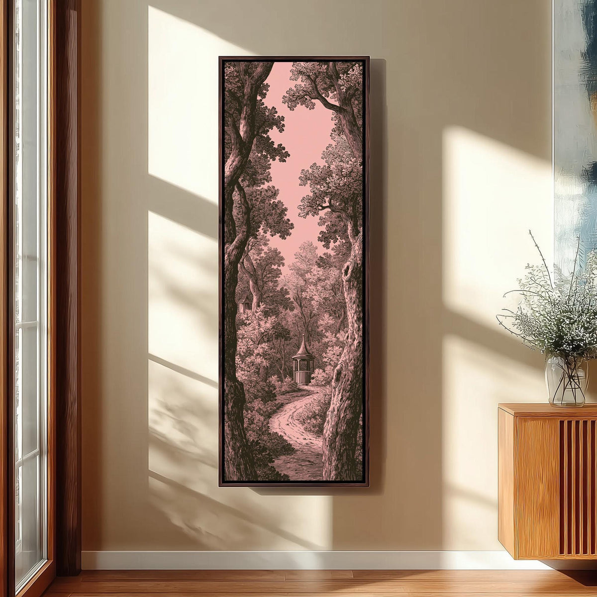 Vintage engraving of a garden path in pink tall skinny canvas print in a sunlit living space