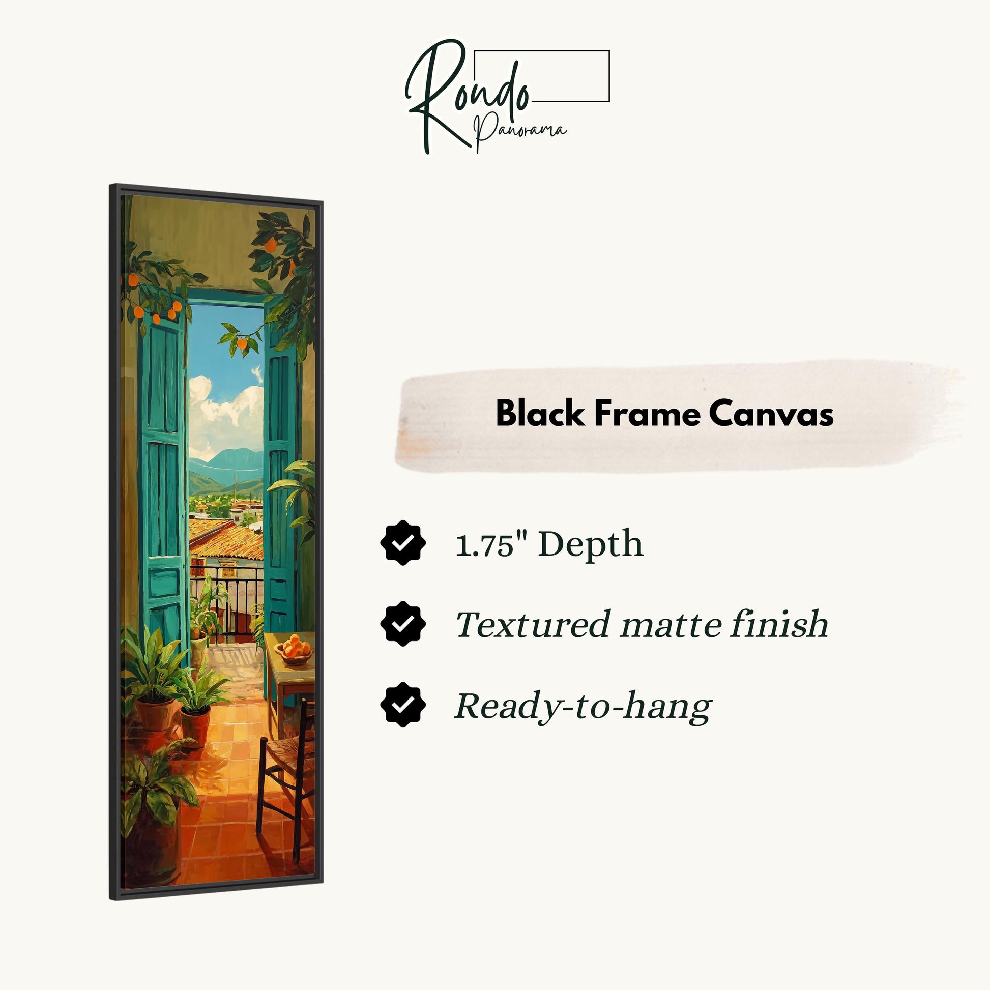 The image is a black frame canvas depicting a balcony with a view of a cityscape.