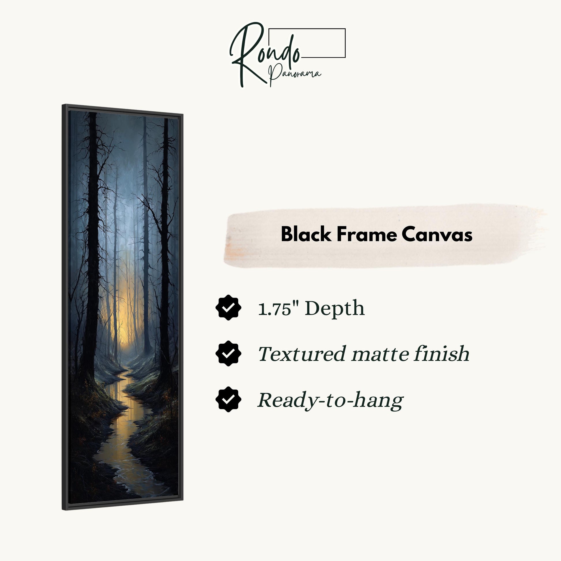 The image is a black frame canvas depicting a forest scene with a stream running through it.