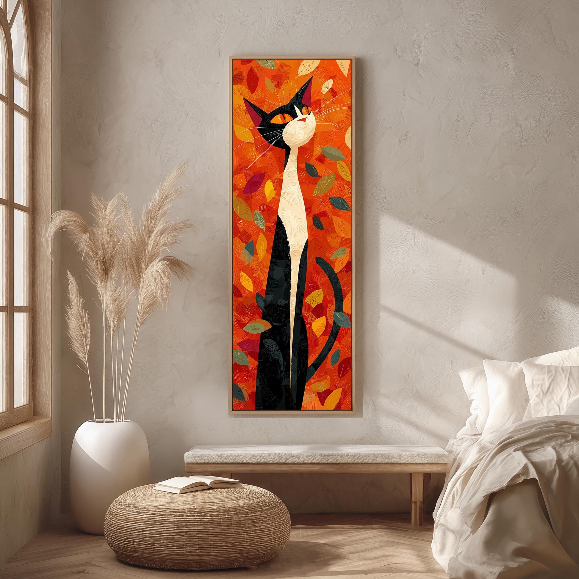 a large, colorful painting of a cat hanging on a wall in a room with a wooden floor and a white bed.