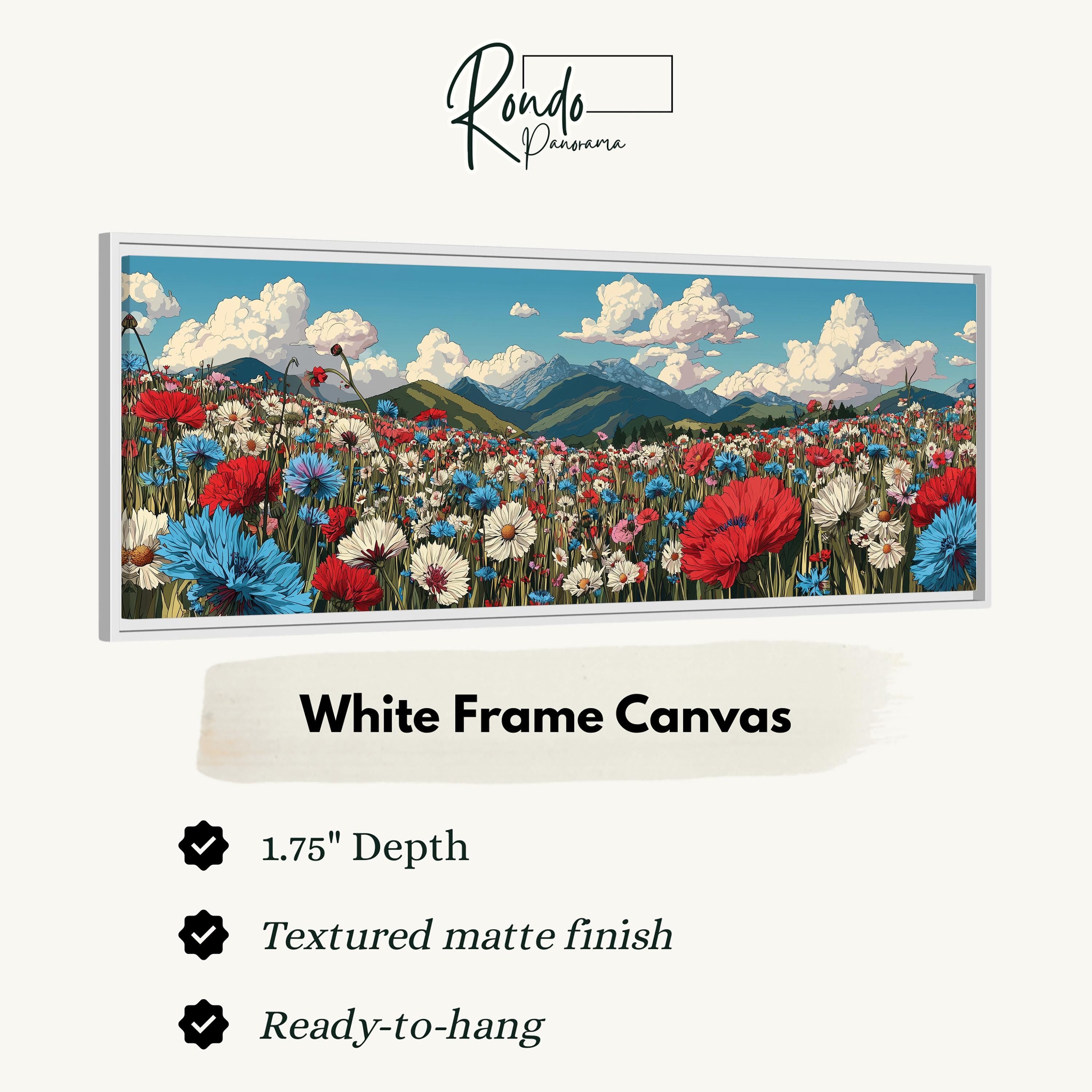 The image is a white frame canvas depicting a vibrant field of flowers with mountains in the background.