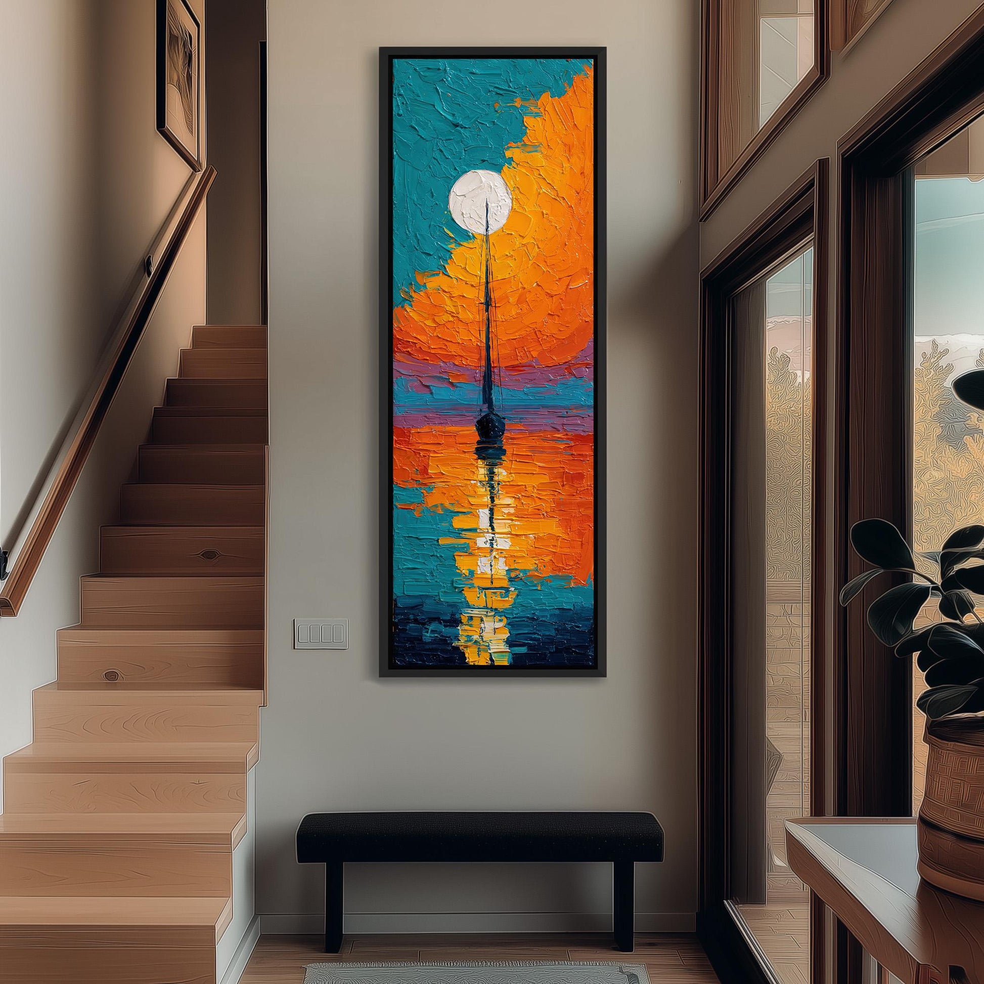 a large, colorful painting of a sailboat on the ocean, hanging on a wall in a hallway.
