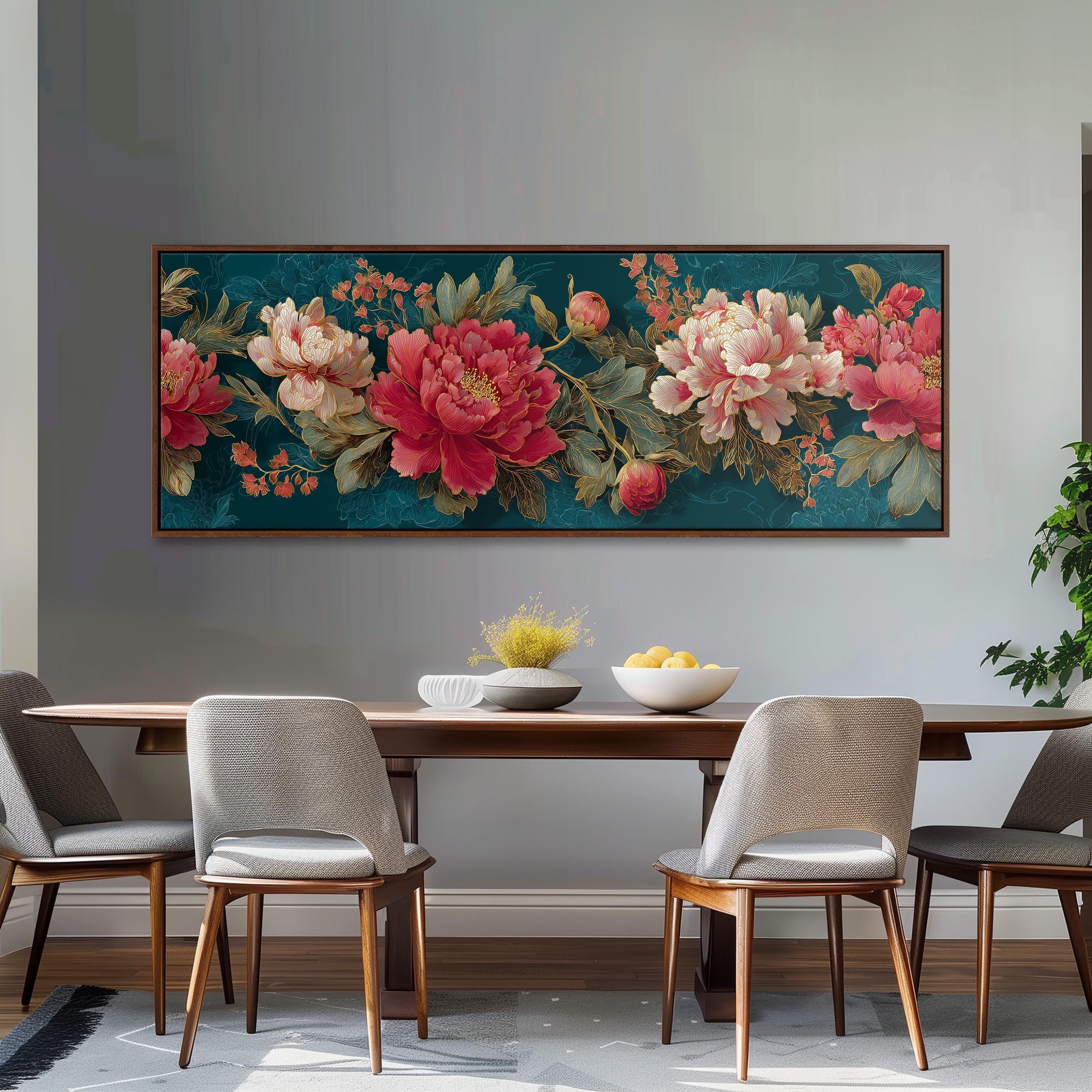 a dining room with a large floral painting hanging on the wall above a wooden table with four chairs. The table is set with a bowl of fruit and a vase of flowers, creating a cozy and inviting atmosphere.
